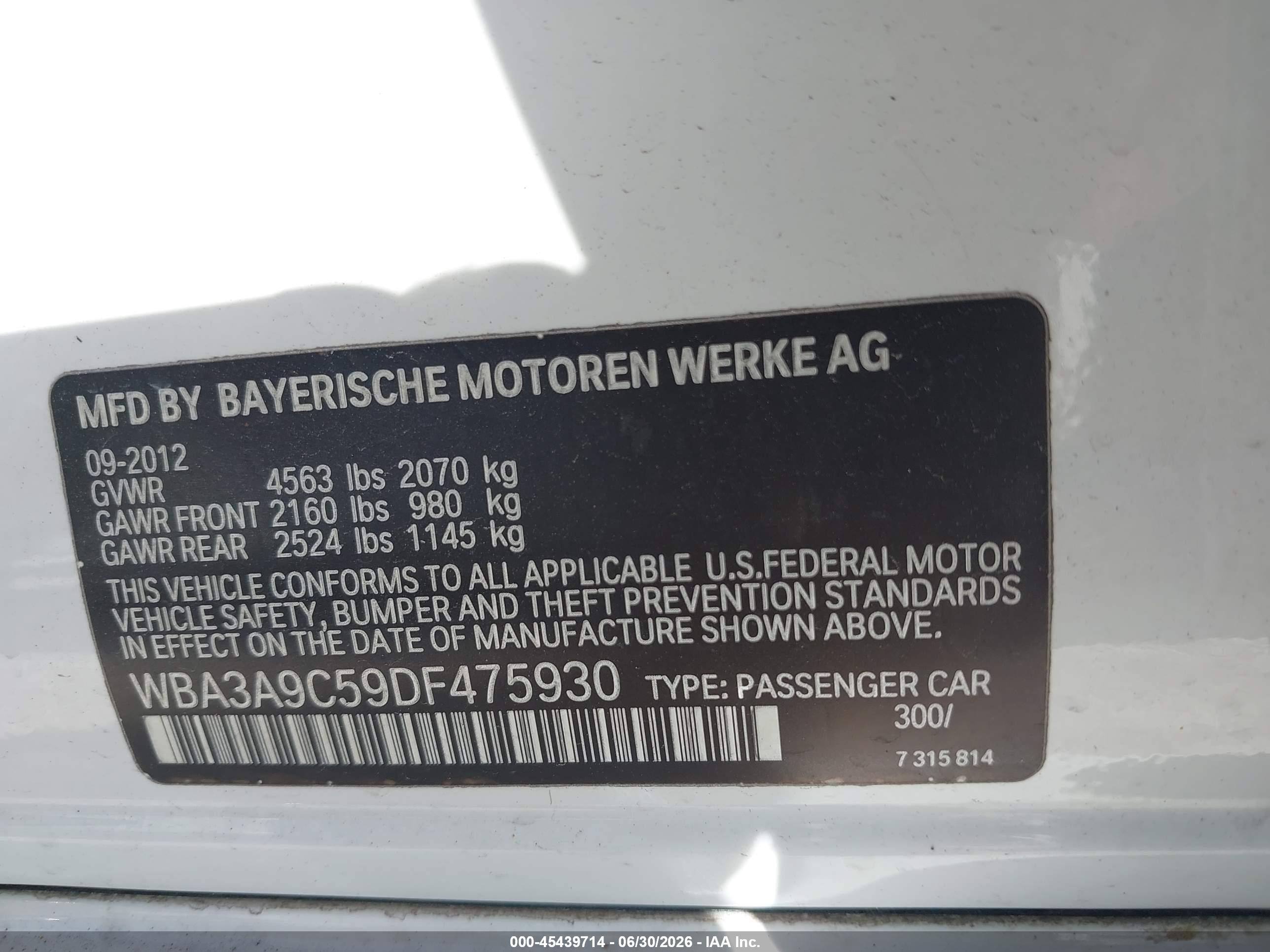 2013 Bmw 335i   White vin: WBA3A9C59DF475930