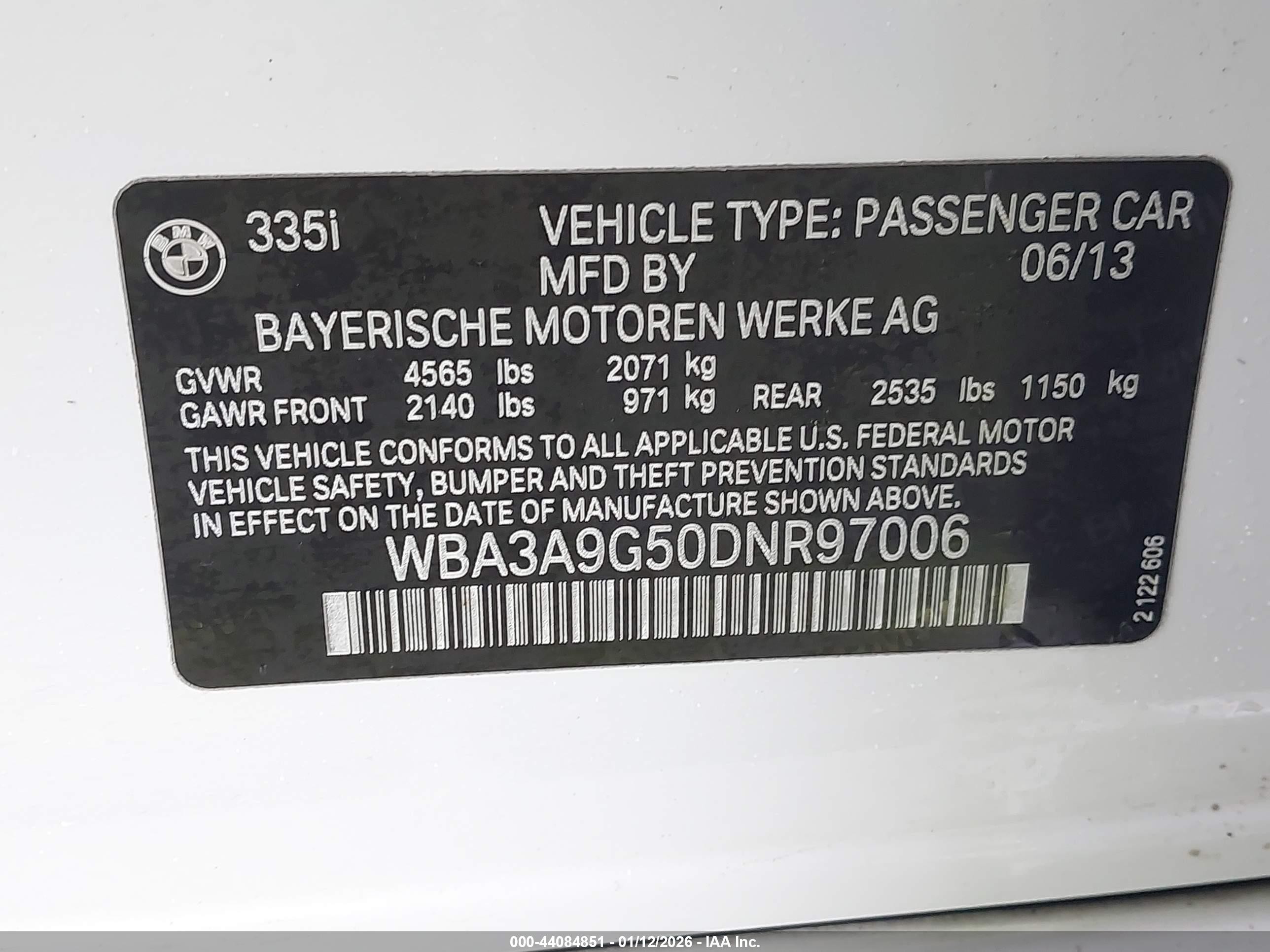2013 Bmw 335i   White vin: WBA3A9G50DNR97006