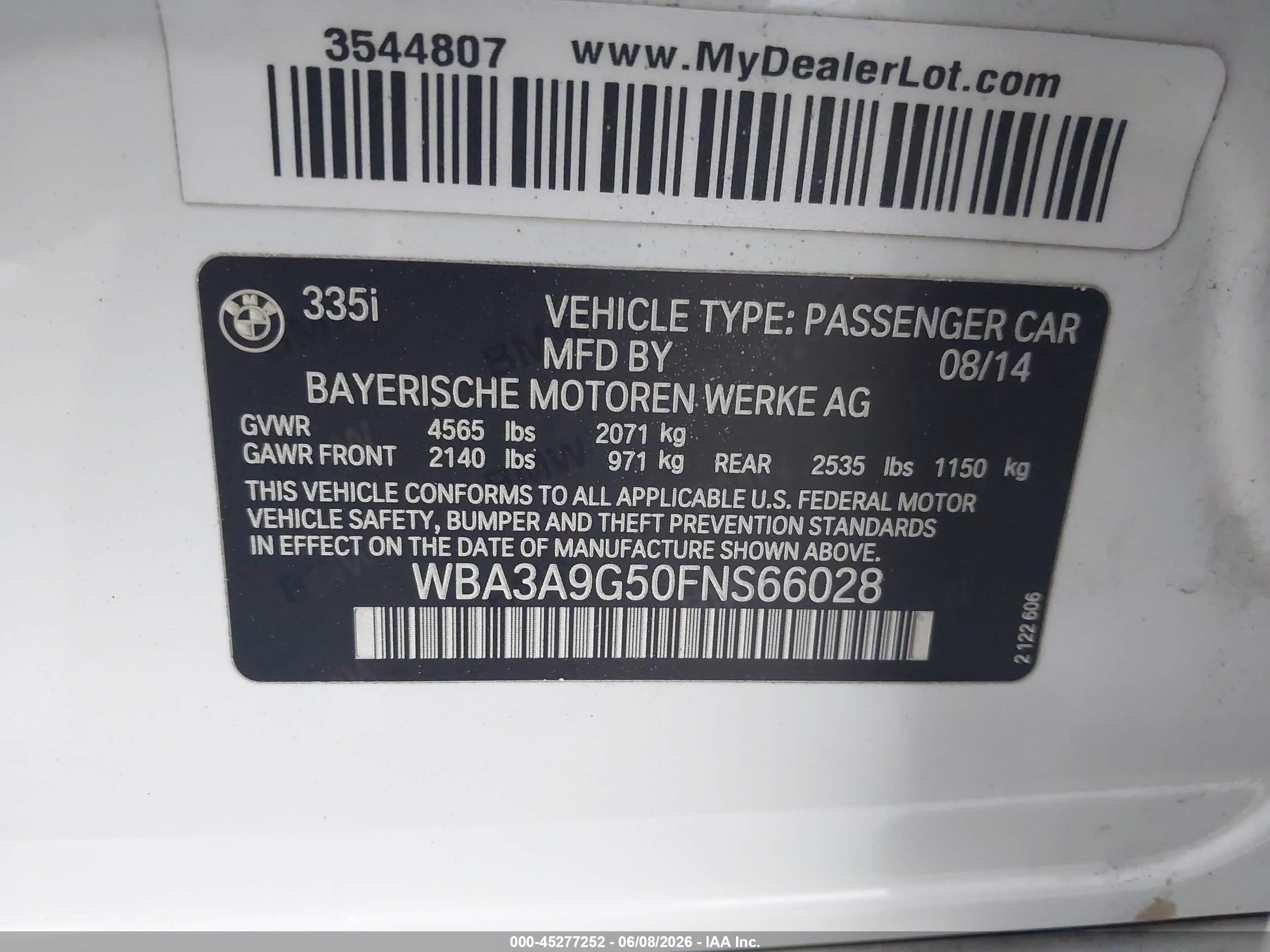 2015 Bmw 335i   White vin: WBA3A9G50FNS66028