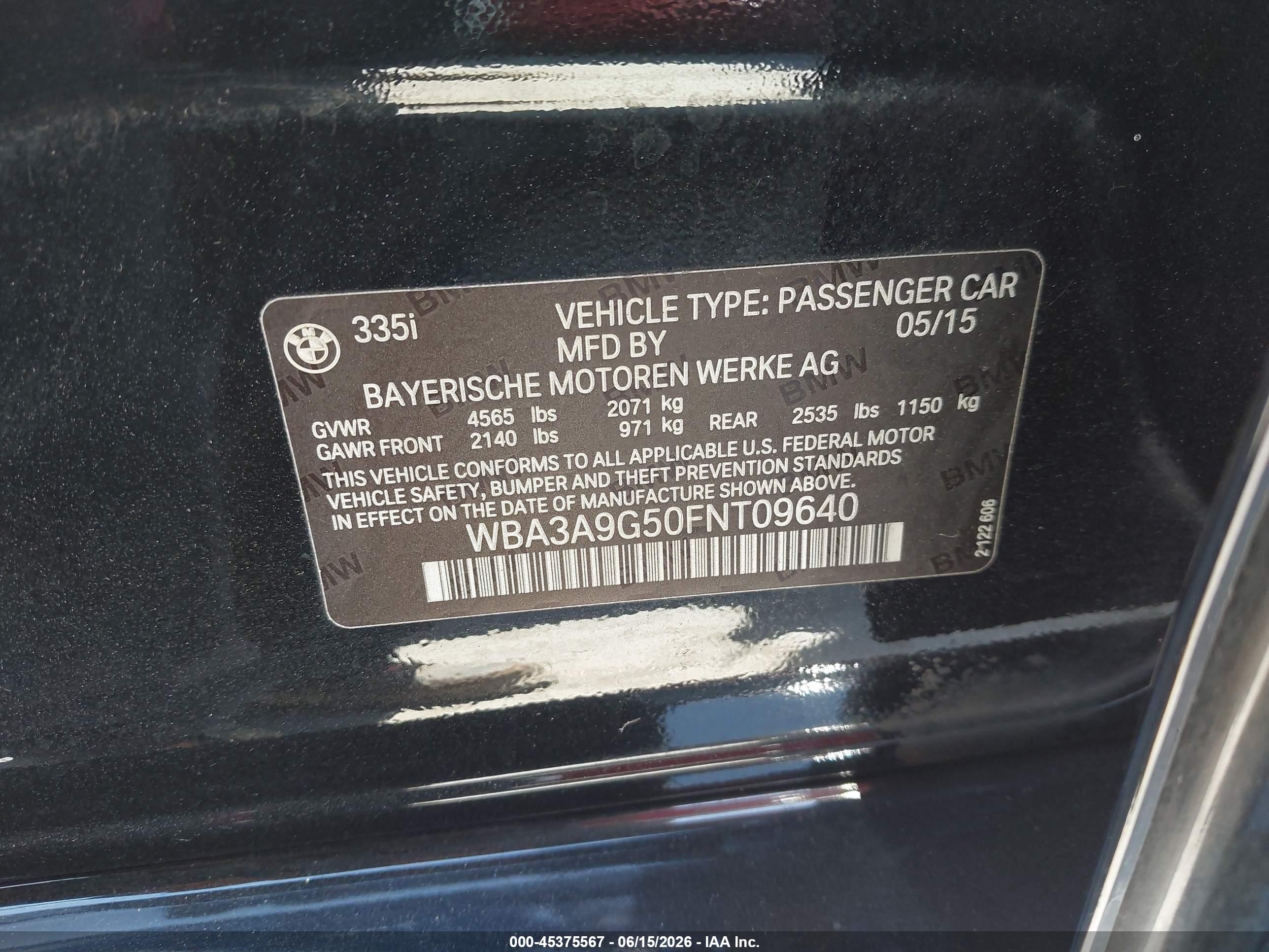 2015 Bmw 335i   Black vin: WBA3A9G50FNT09640
