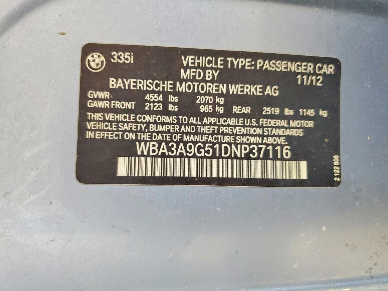 2013 Bmw 335 I Blue vin: WBA3A9G51DNP37116