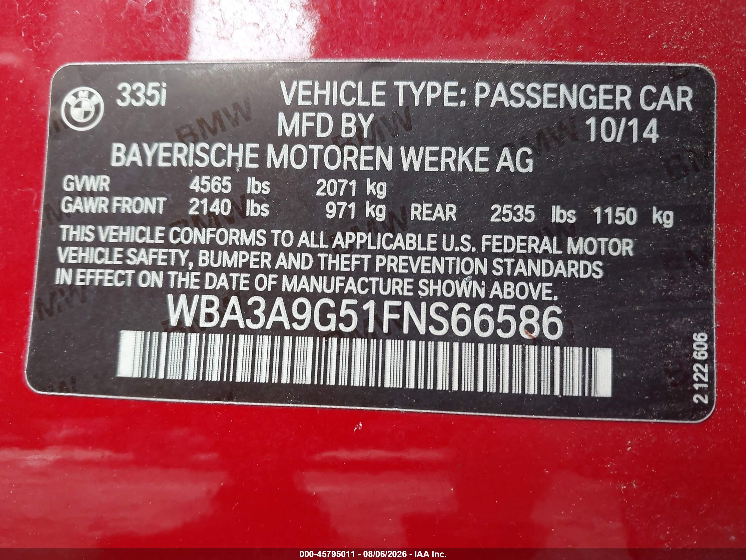 2015 Bmw 335i Red vin: WBA3A9G51FNS66586