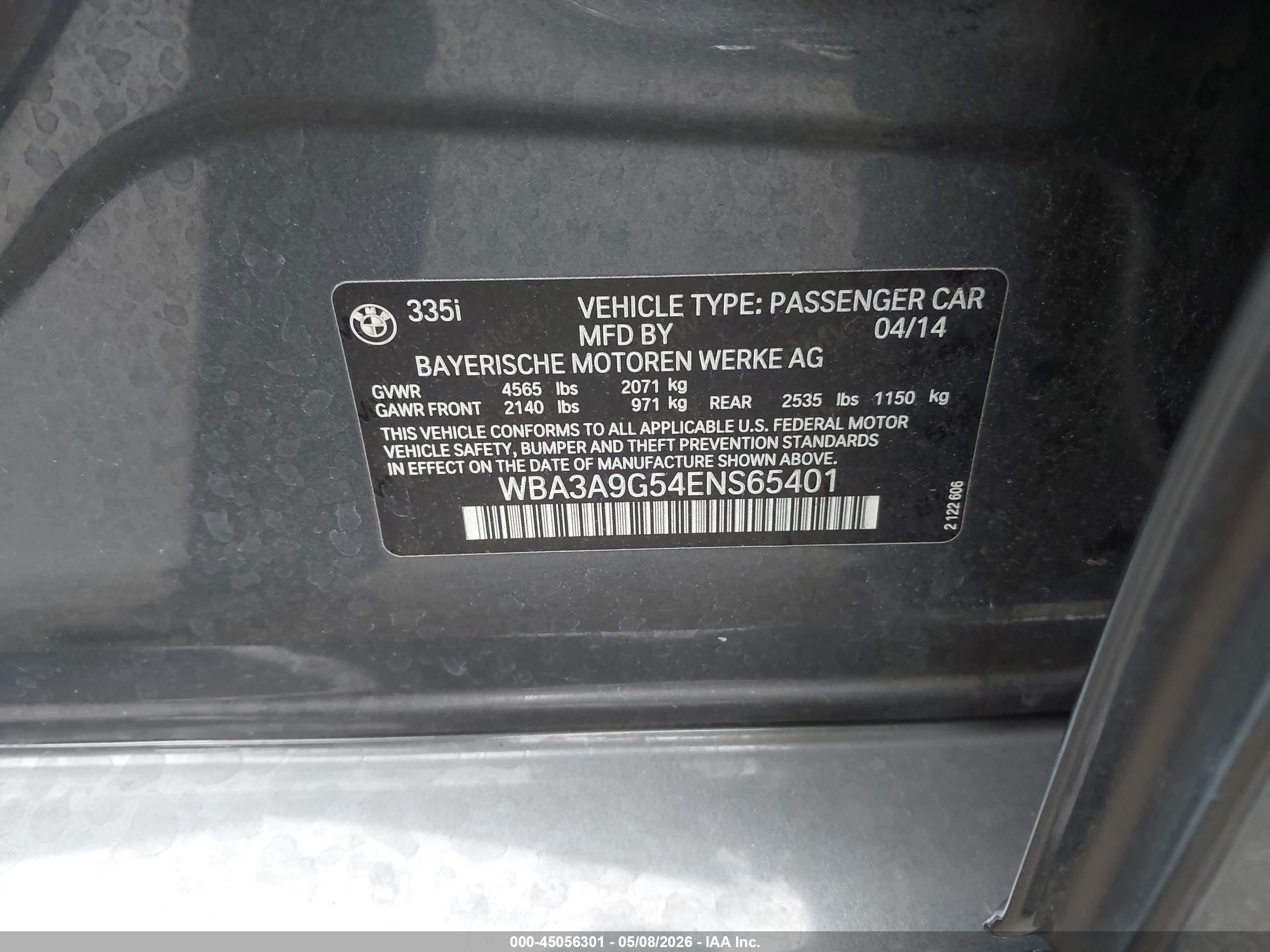2014 Bmw 335i   Gray vin: WBA3A9G54ENS65401