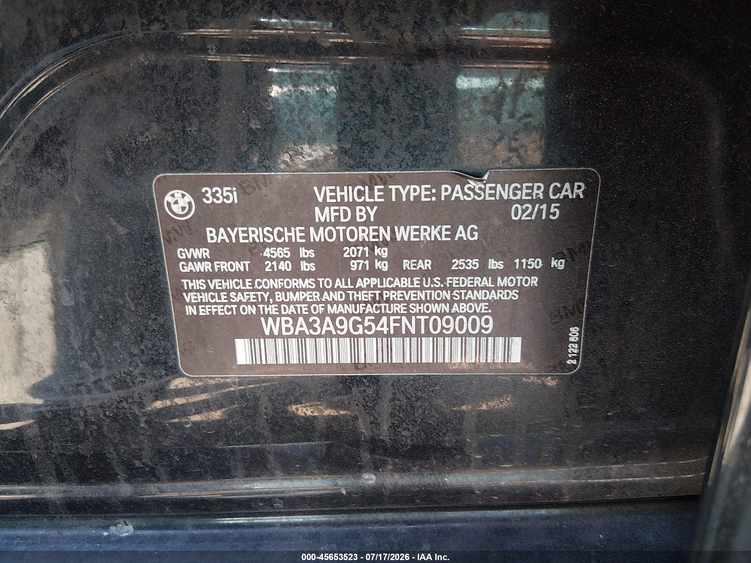 2015 Bmw 335i   Black vin: WBA3A9G54FNT09009