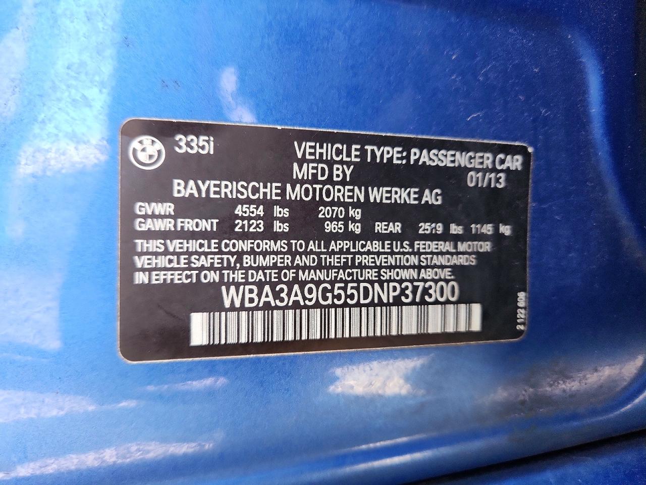 2013 Bmw 335 I Blue vin: WBA3A9G55DNP37300