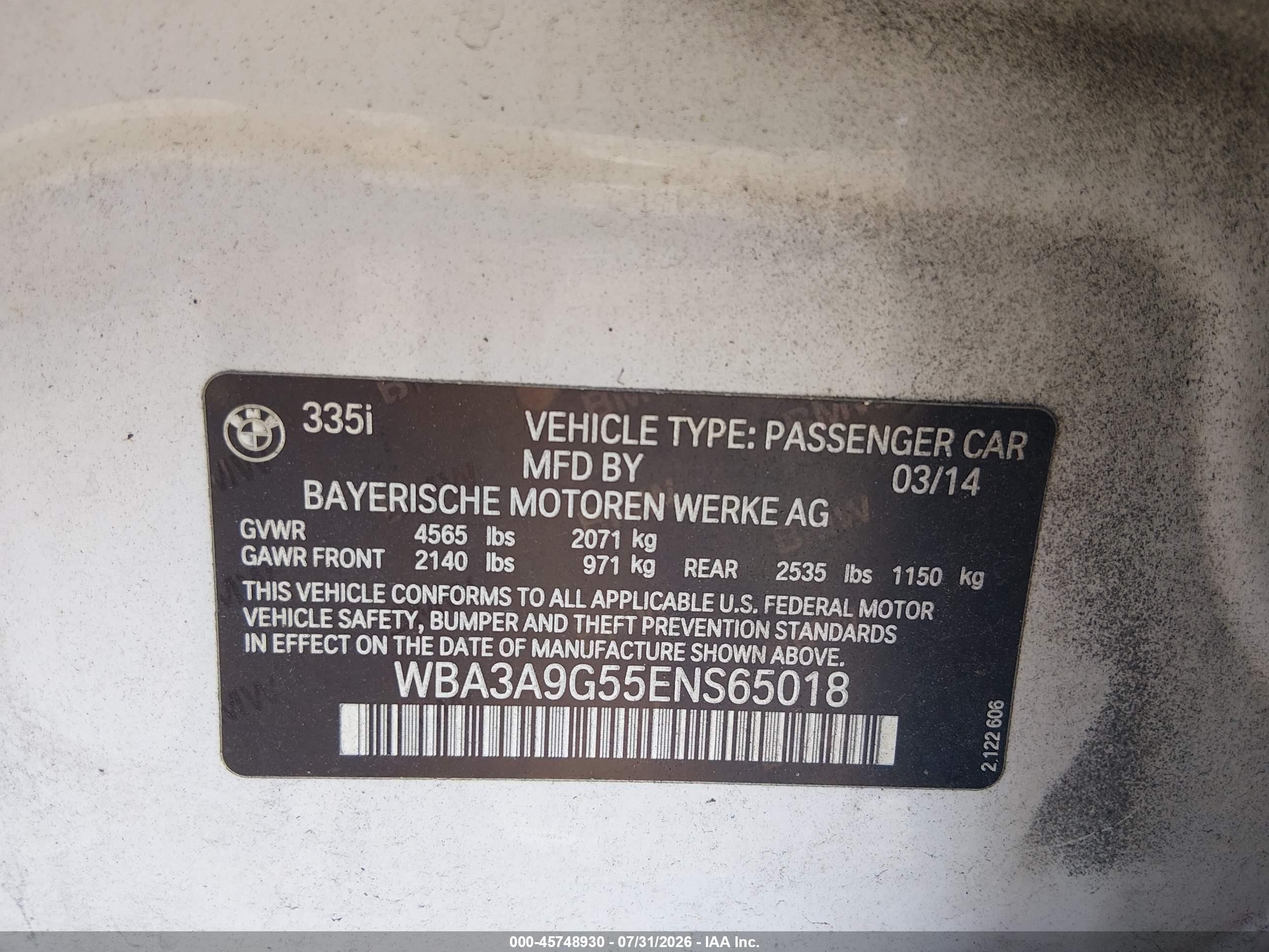 2014 Bmw 335i   White vin: WBA3A9G55ENS65018