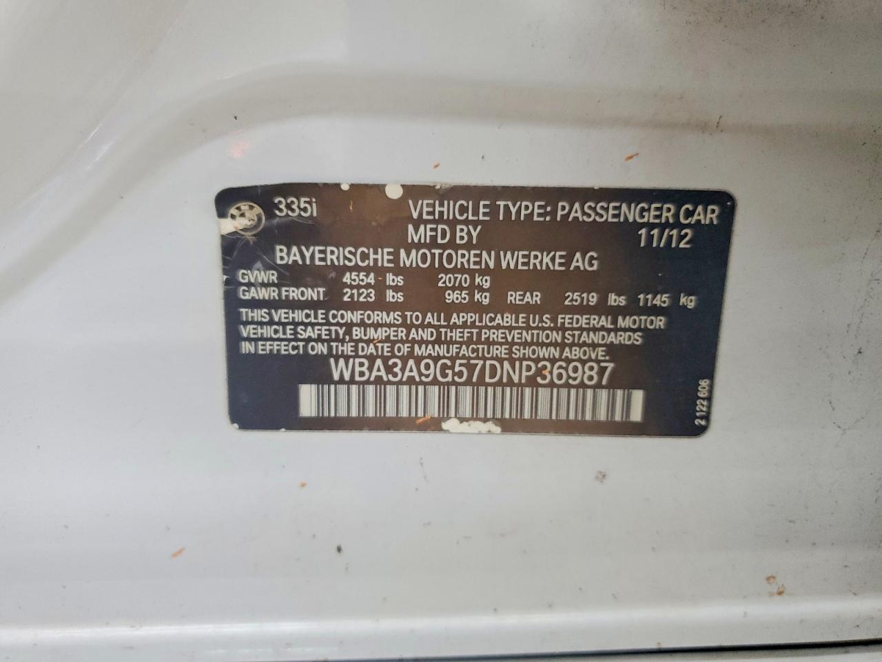 2013 Bmw 335 I White vin: WBA3A9G57DNP36987