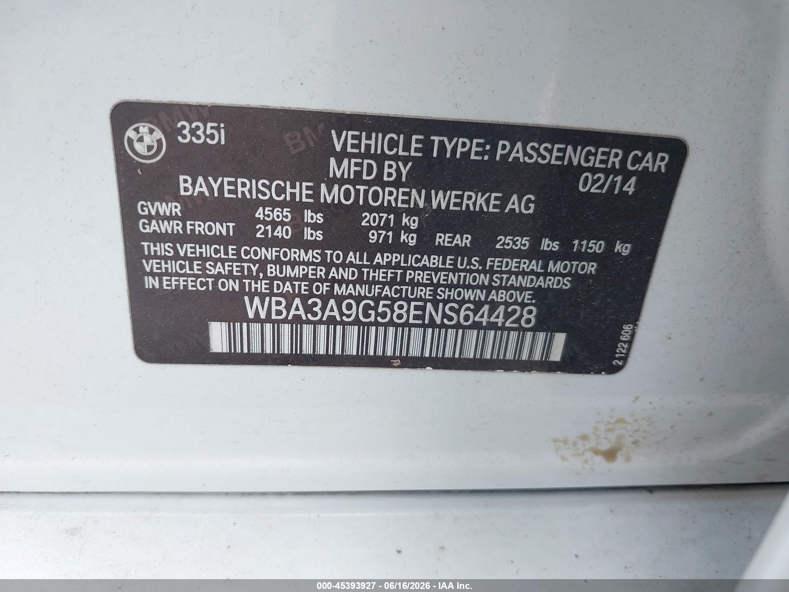 2014 Bmw 335i   White vin: WBA3A9G58ENS64428