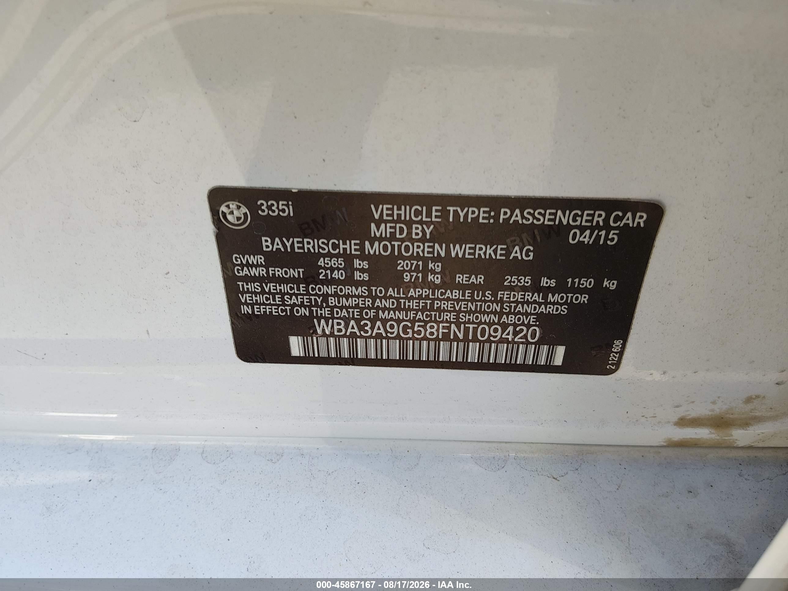2015 Bmw 335i   White vin: WBA3A9G58FNT09420