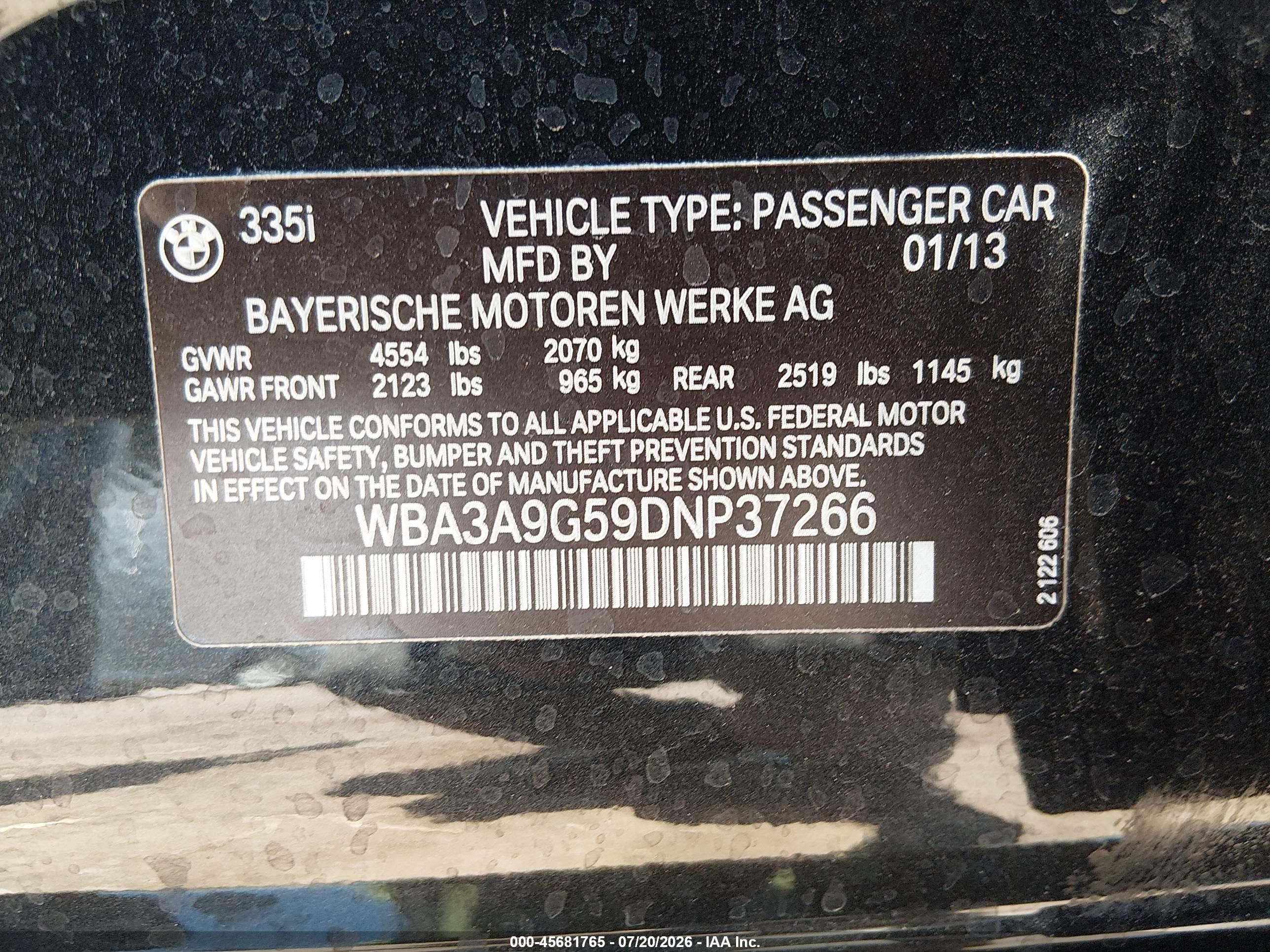 2013 Bmw 335i   Black vin: WBA3A9G59DNP37266