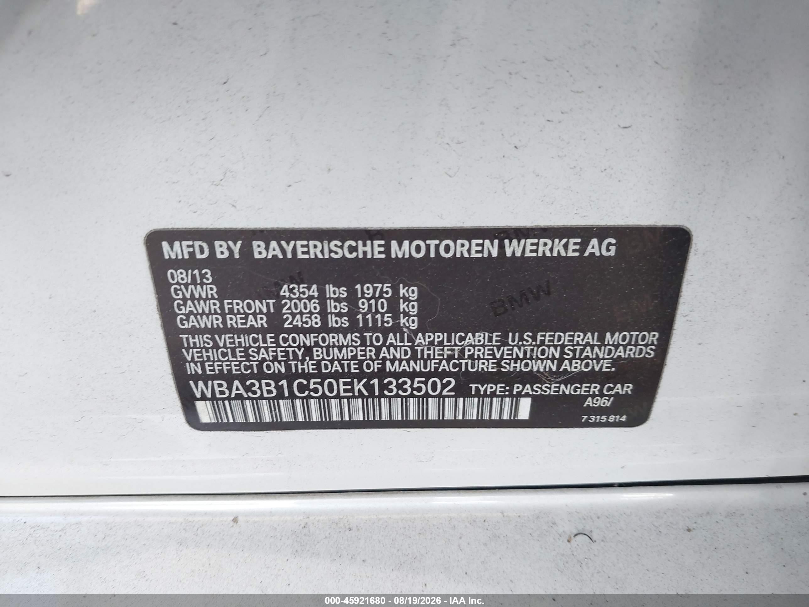 2014 Bmw 320i   White vin: WBA3B1C50EK133502