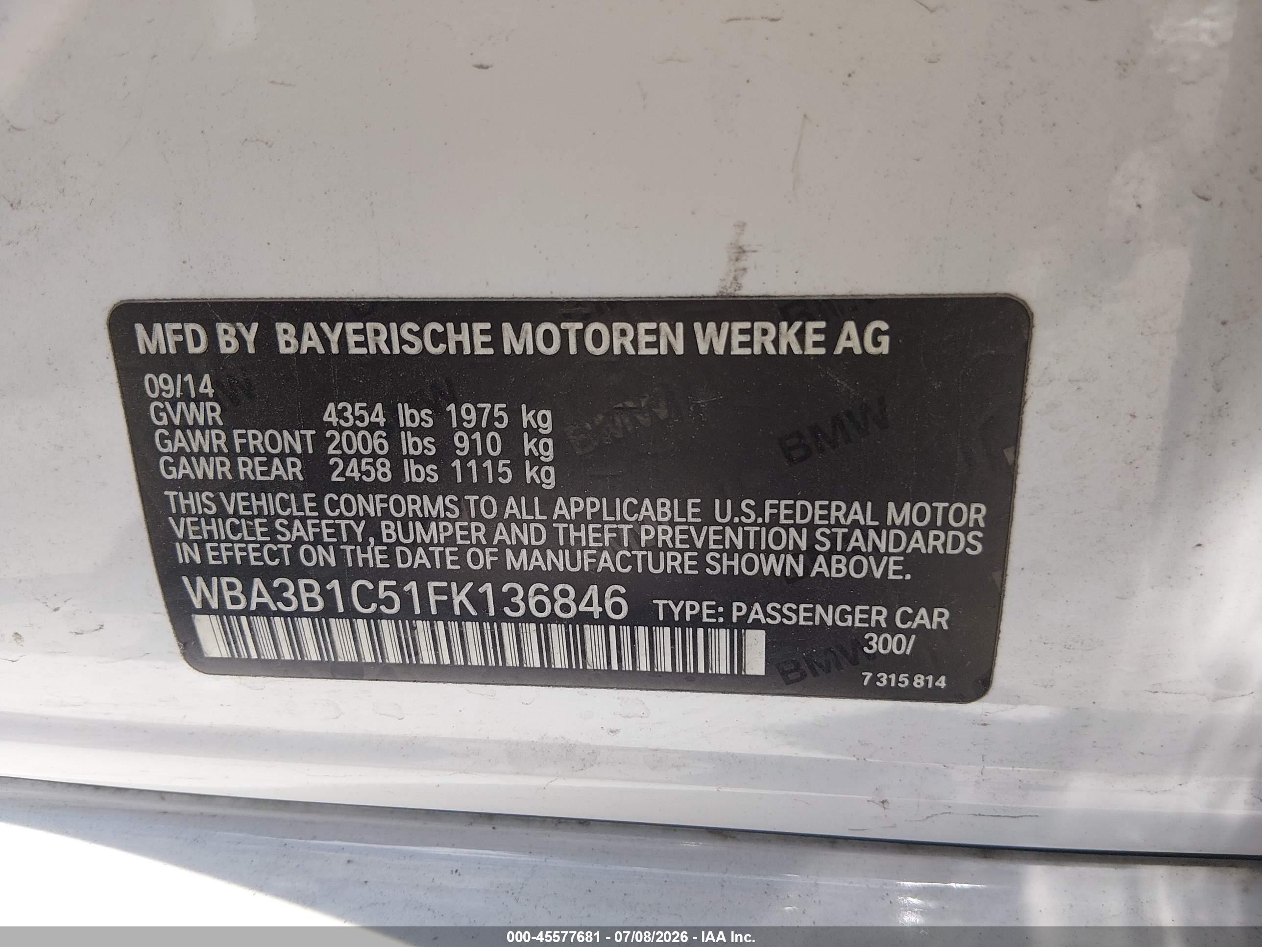 2015 Bmw 320i   White vin: WBA3B1C51FK136846