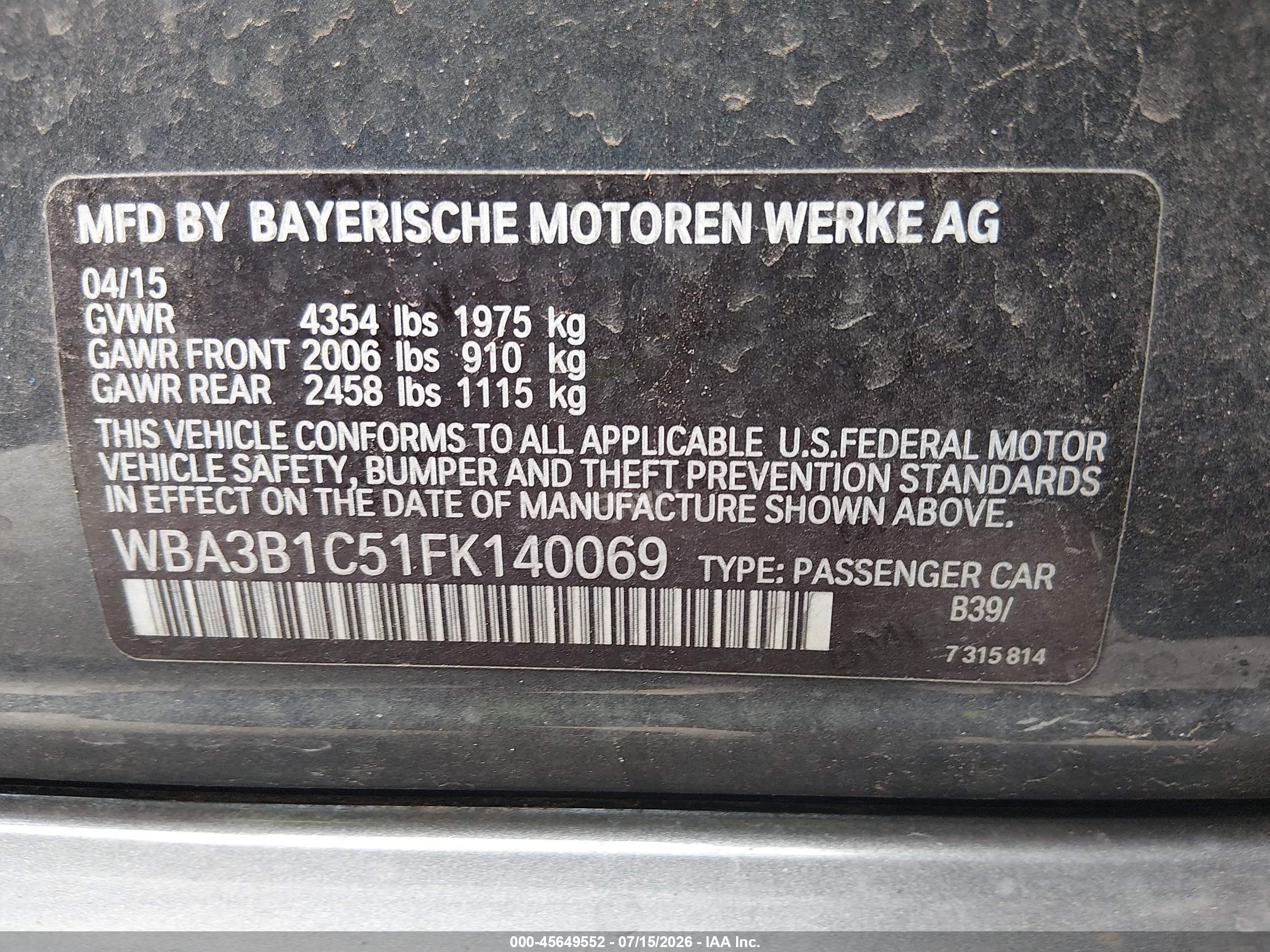 2015 Bmw 320i   Серый vin: WBA3B1C51FK140069