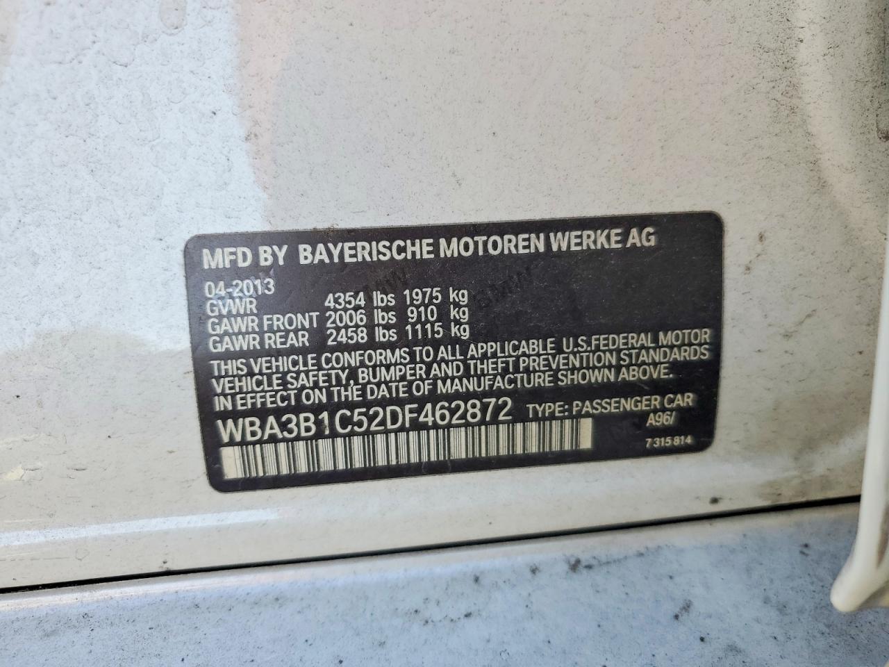 2013 Bmw 320 I White vin: WBA3B1C52DF462872