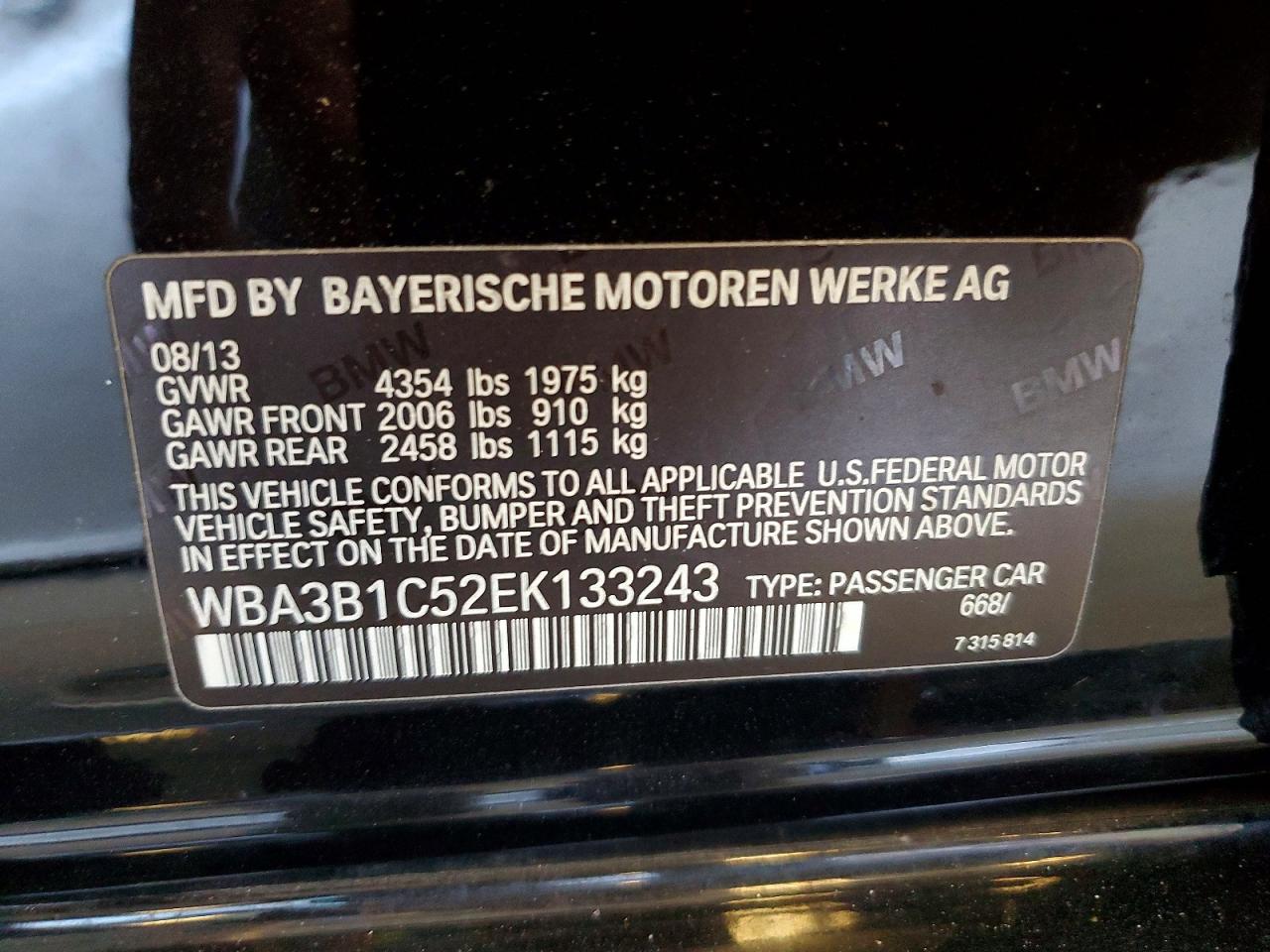 2014 Bmw 320 I Черный vin: WBA3B1C52EK133243