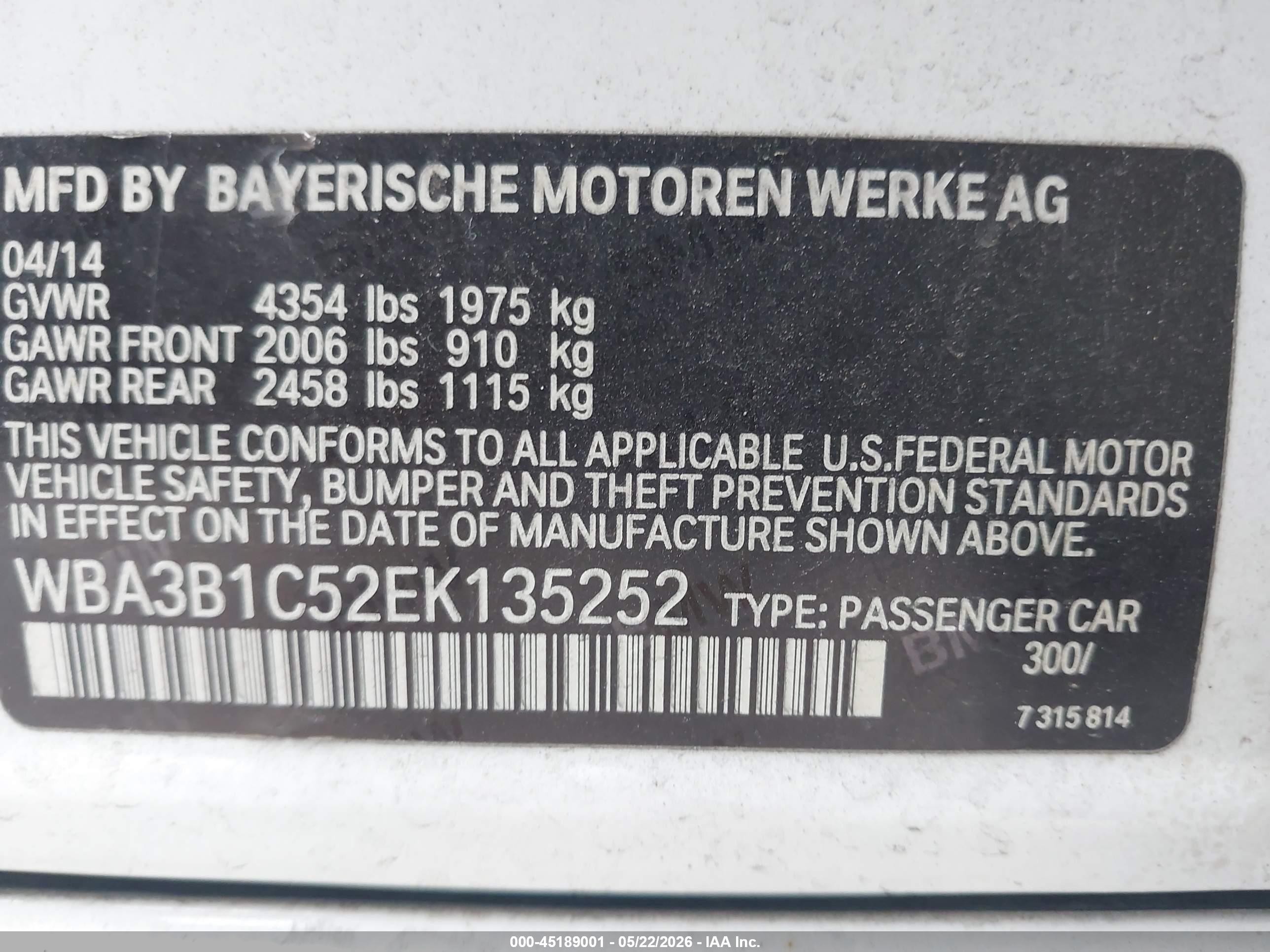 2014 Bmw 320i   White vin: WBA3B1C52EK135252