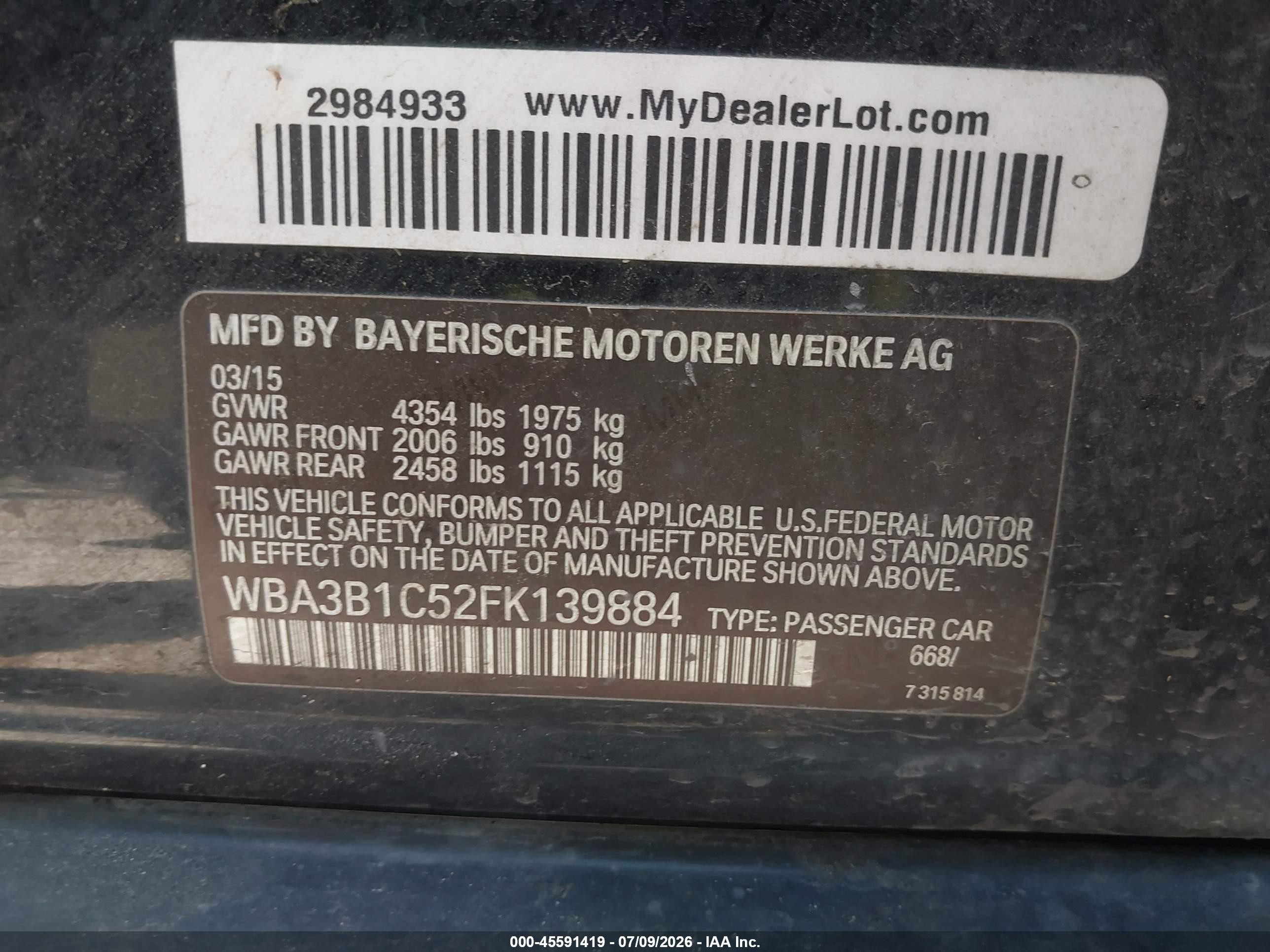 2015 Bmw 320i   Черный vin: WBA3B1C52FK139884