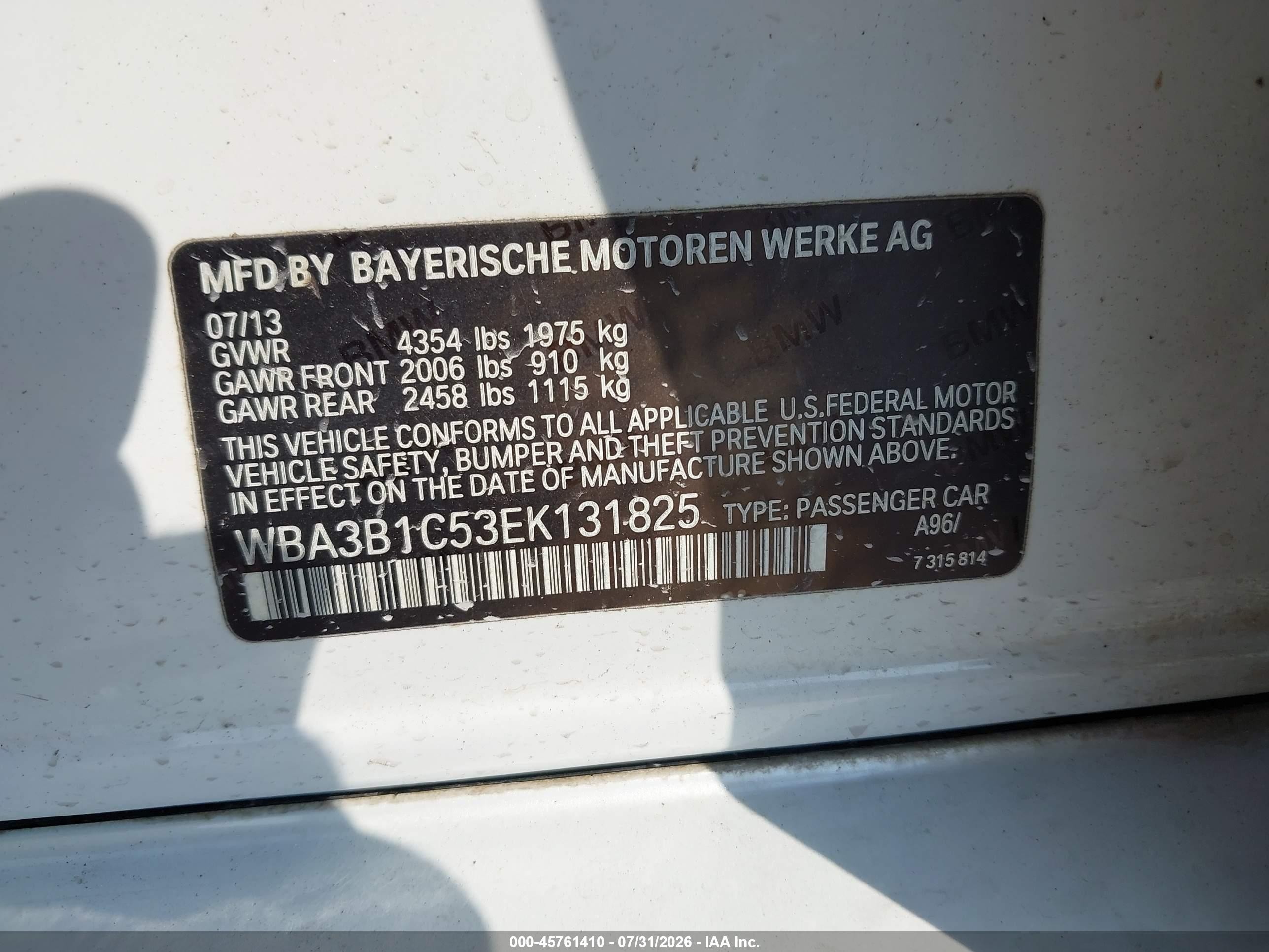 2014 Bmw 320i   White vin: WBA3B1C53EK131825