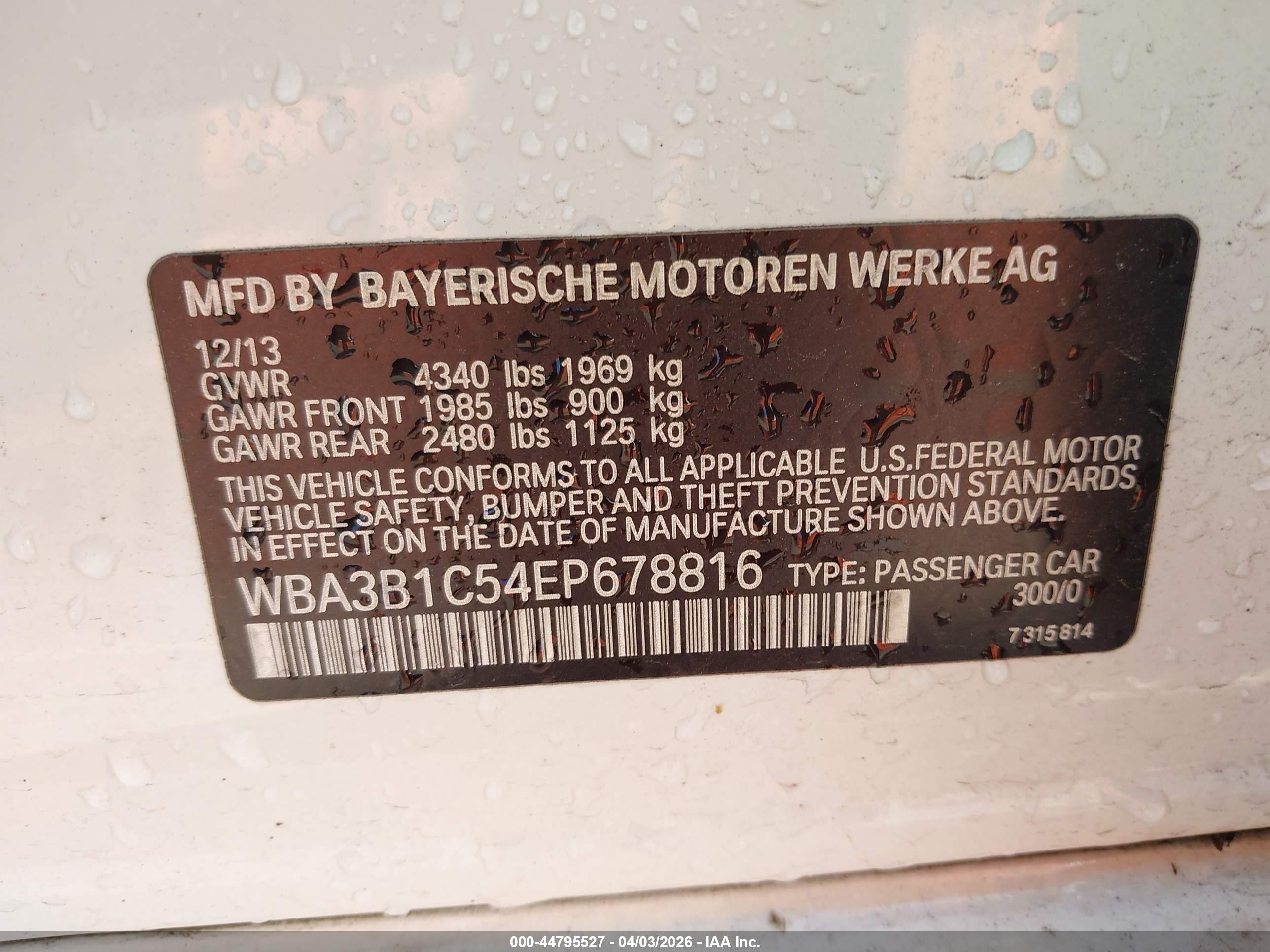 2014 Bmw 320i   White vin: WBA3B1C54EP678816