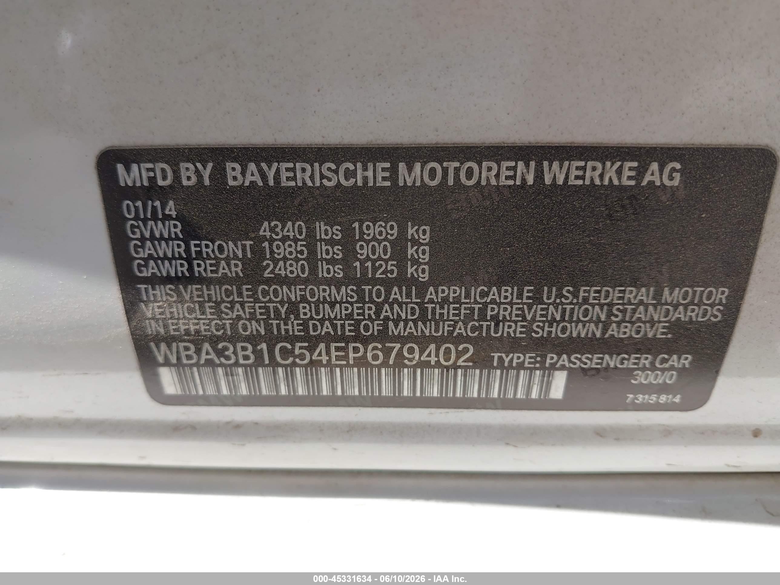 2014 Bmw 320i   White vin: WBA3B1C54EP679402