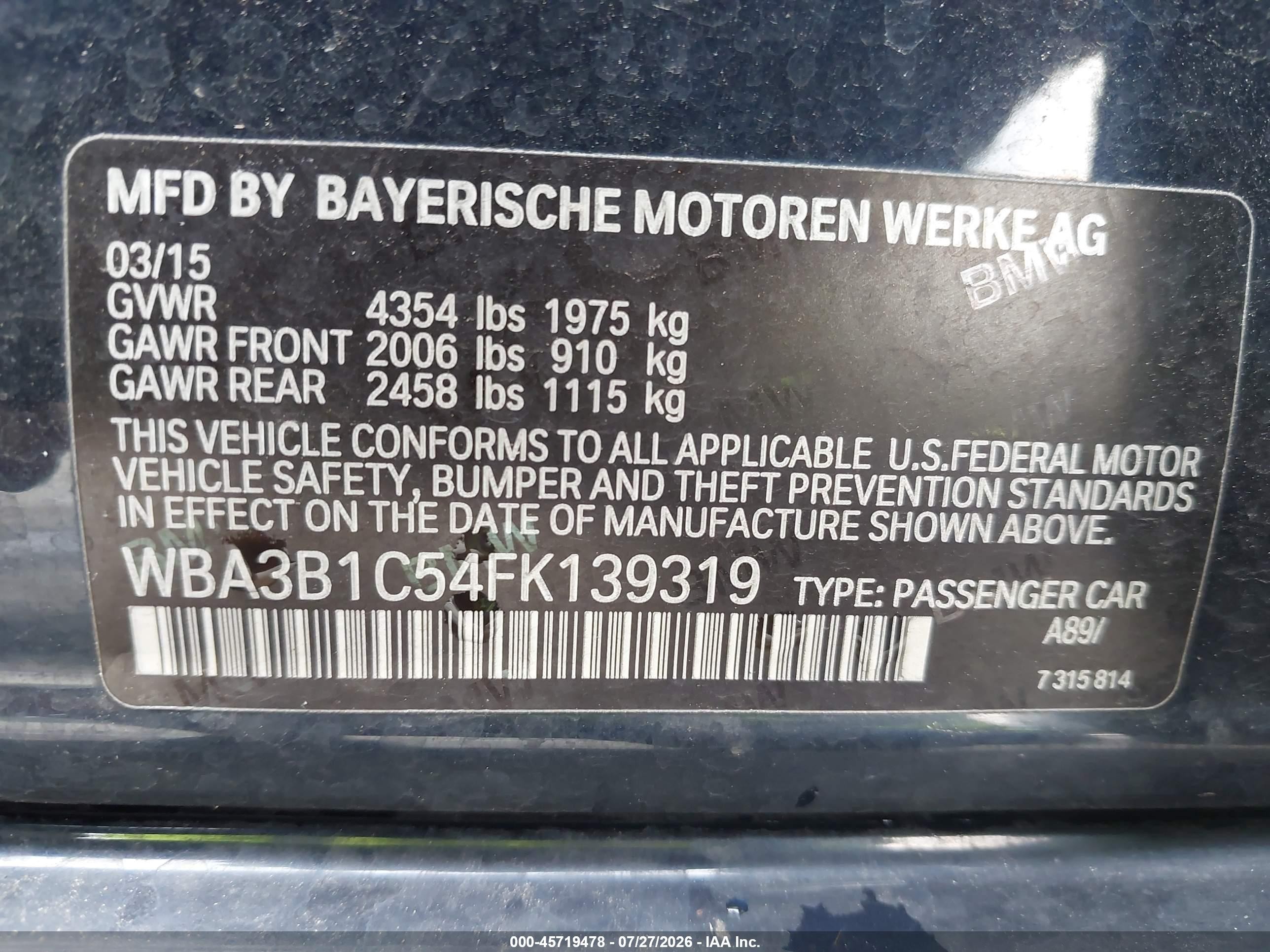 2015 Bmw 320i   Black vin: WBA3B1C54FK139319