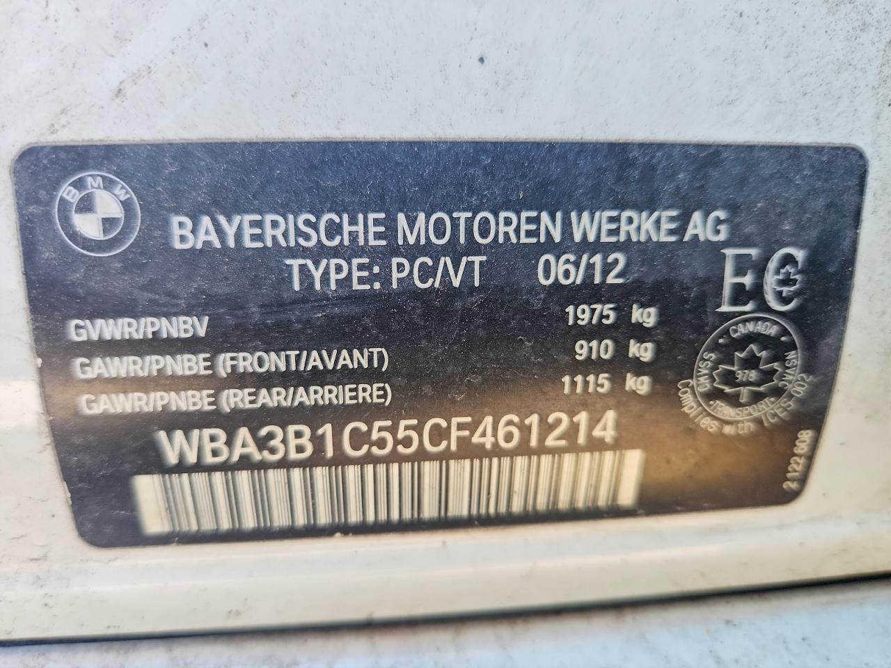 2012 Bmw 320 I White vin: WBA3B1C55CF461214