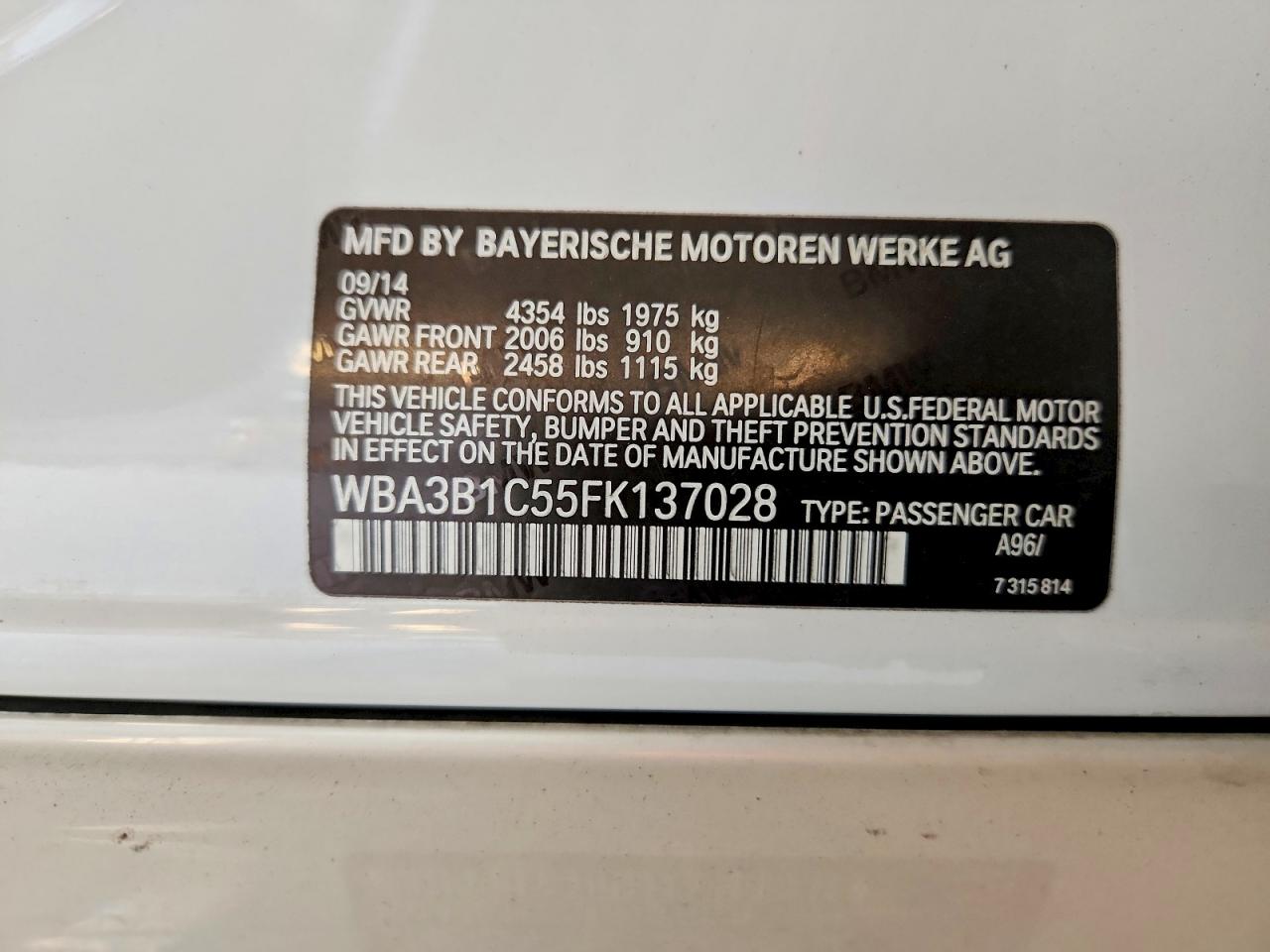 2015 Bmw 320 I White vin: WBA3B1C55FK137028