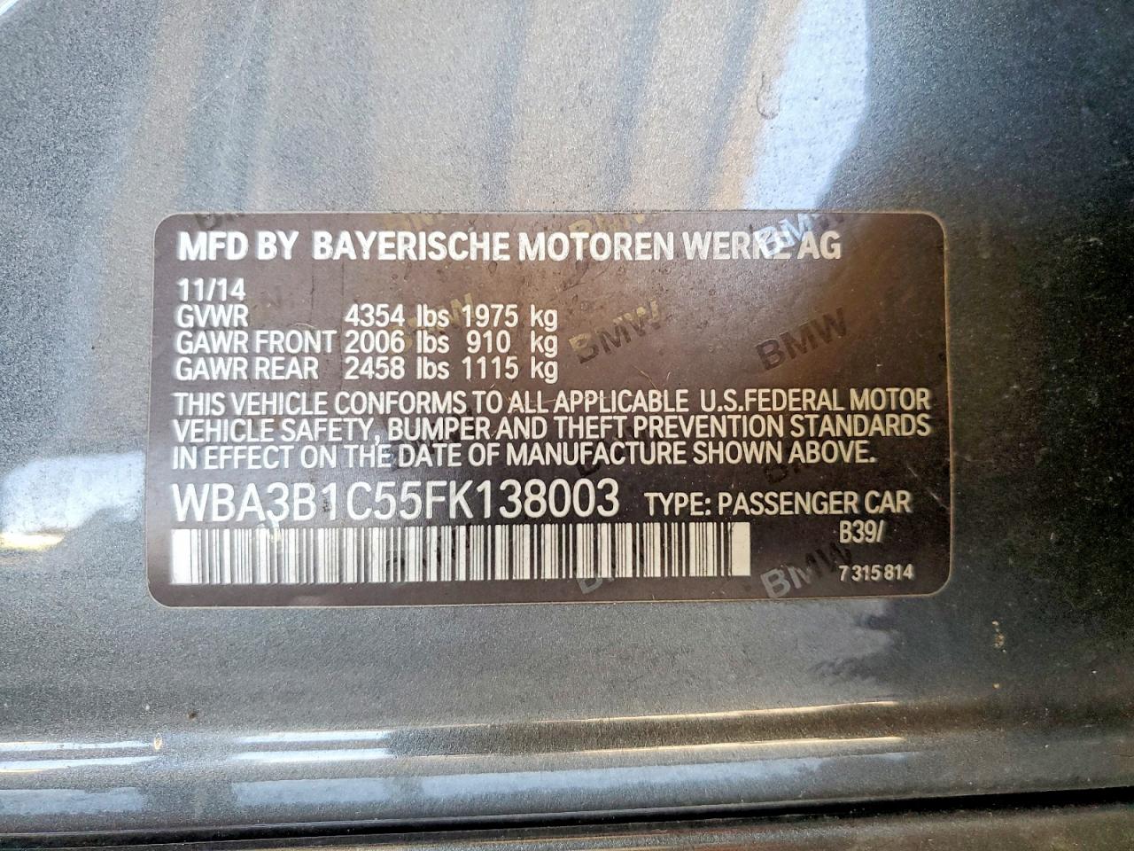 2015 Bmw 320 I Gray vin: WBA3B1C55FK138003