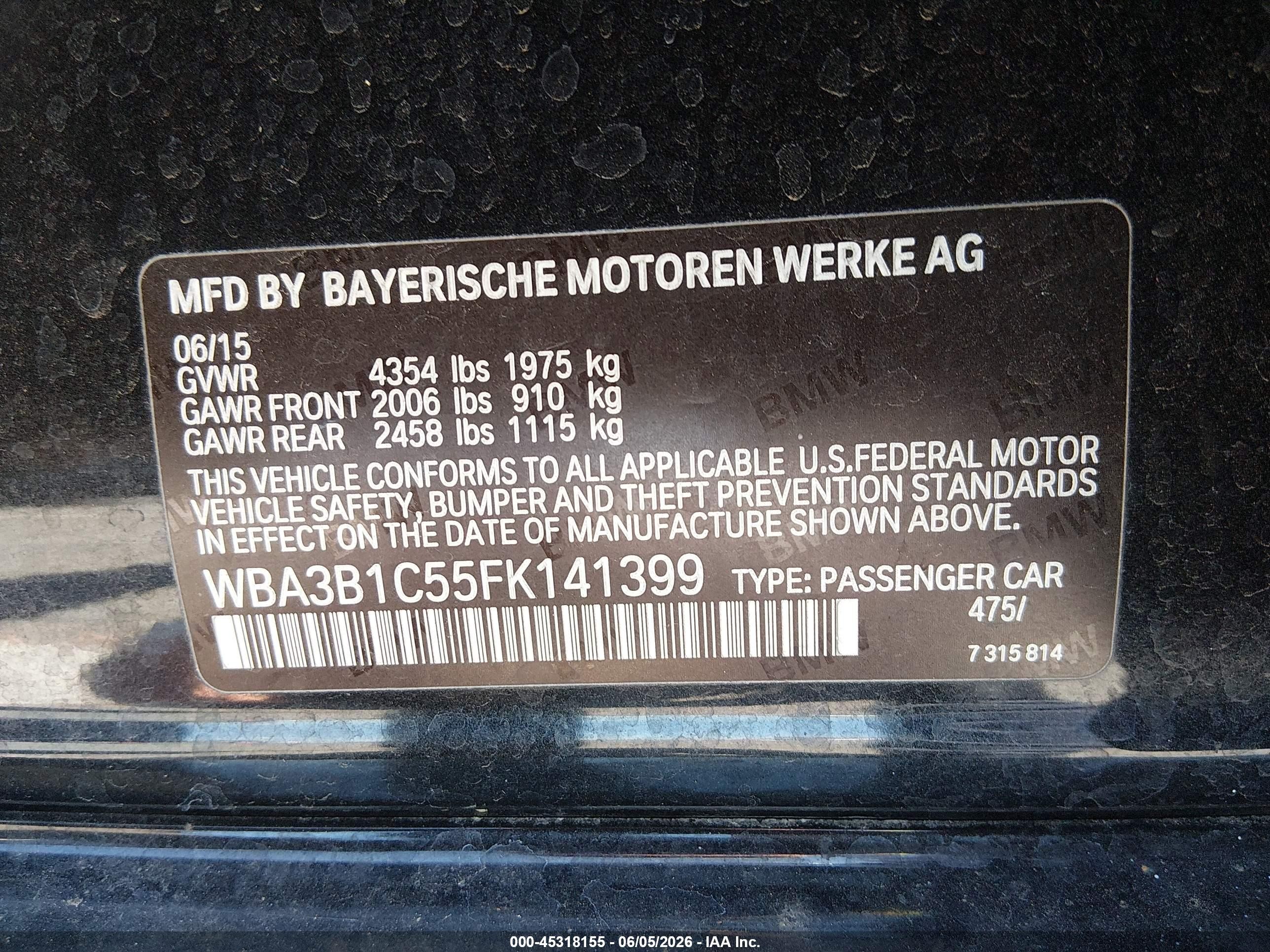 2015 Bmw 320i   Black vin: WBA3B1C55FK141399