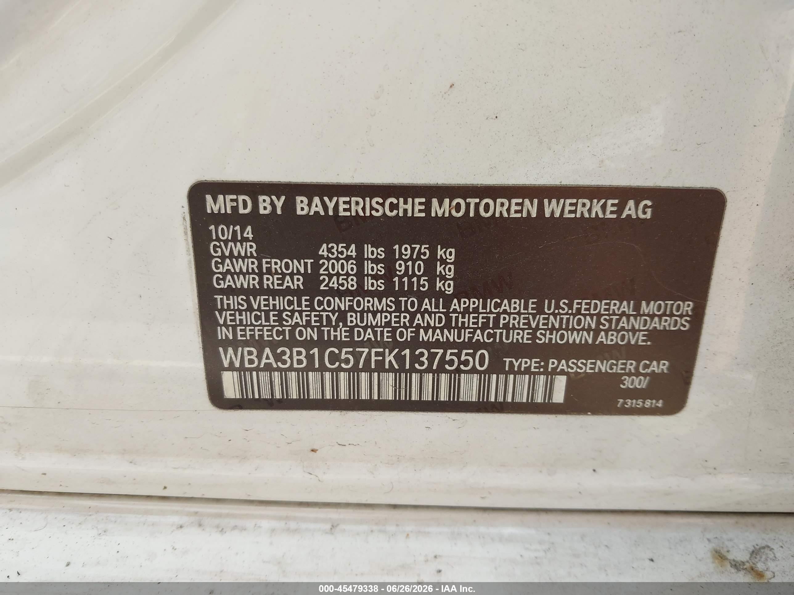 2015 Bmw 320i   White vin: WBA3B1C57FK137550