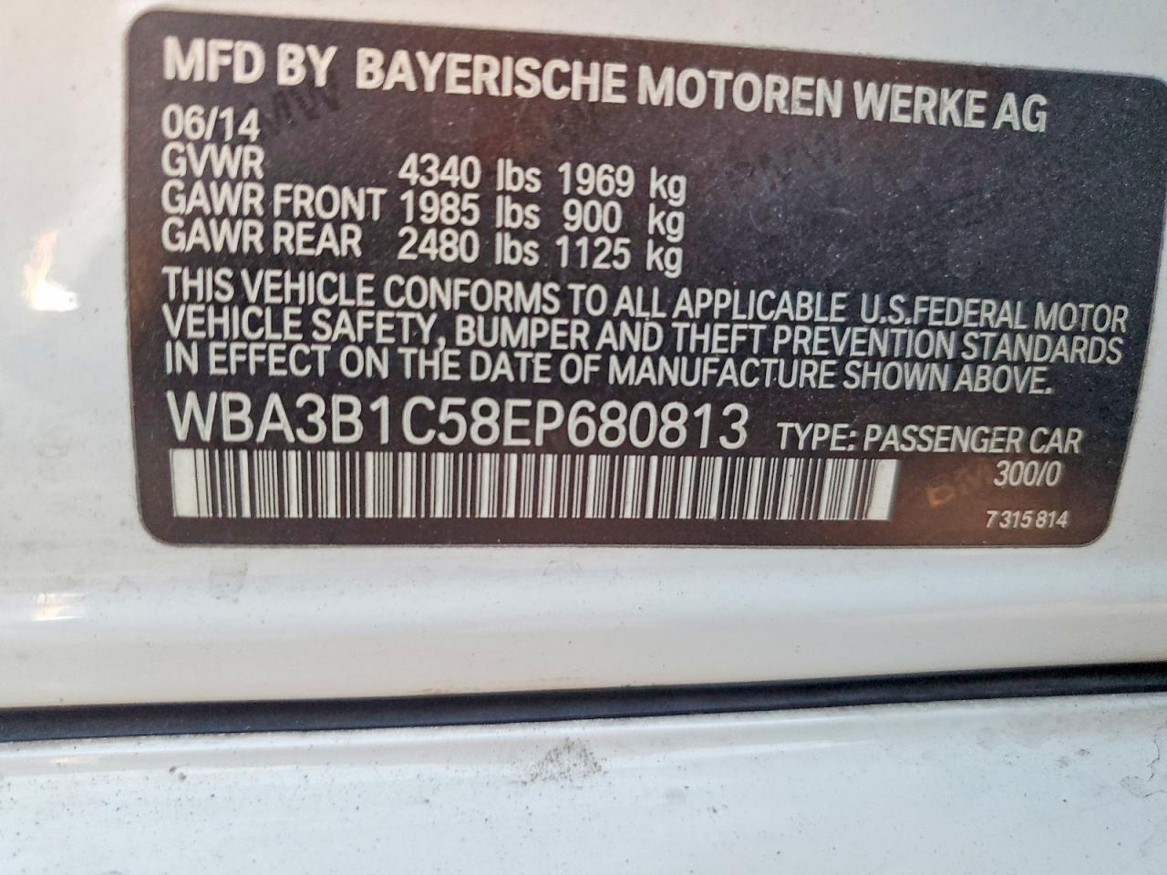 2014 Bmw 320 I White vin: WBA3B1C58EP680813