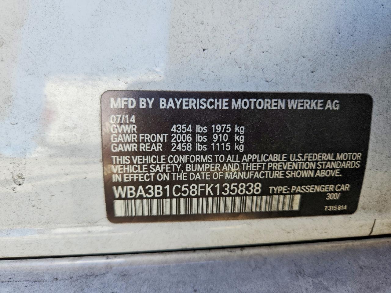 2015 Bmw 320 I White vin: WBA3B1C58FK135838
