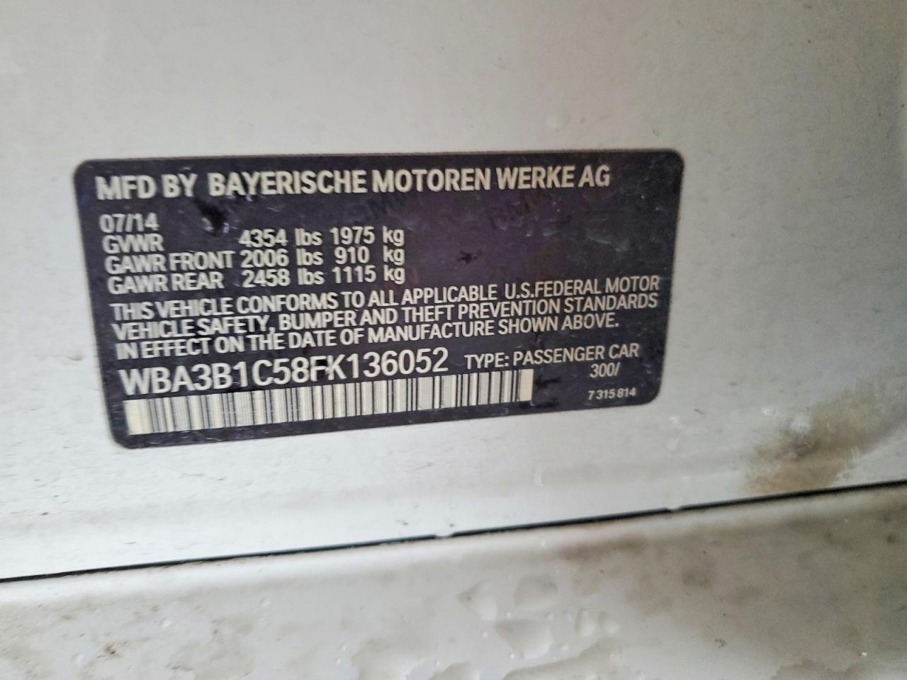 2015 Bmw 320 I White vin: WBA3B1C58FK136052
