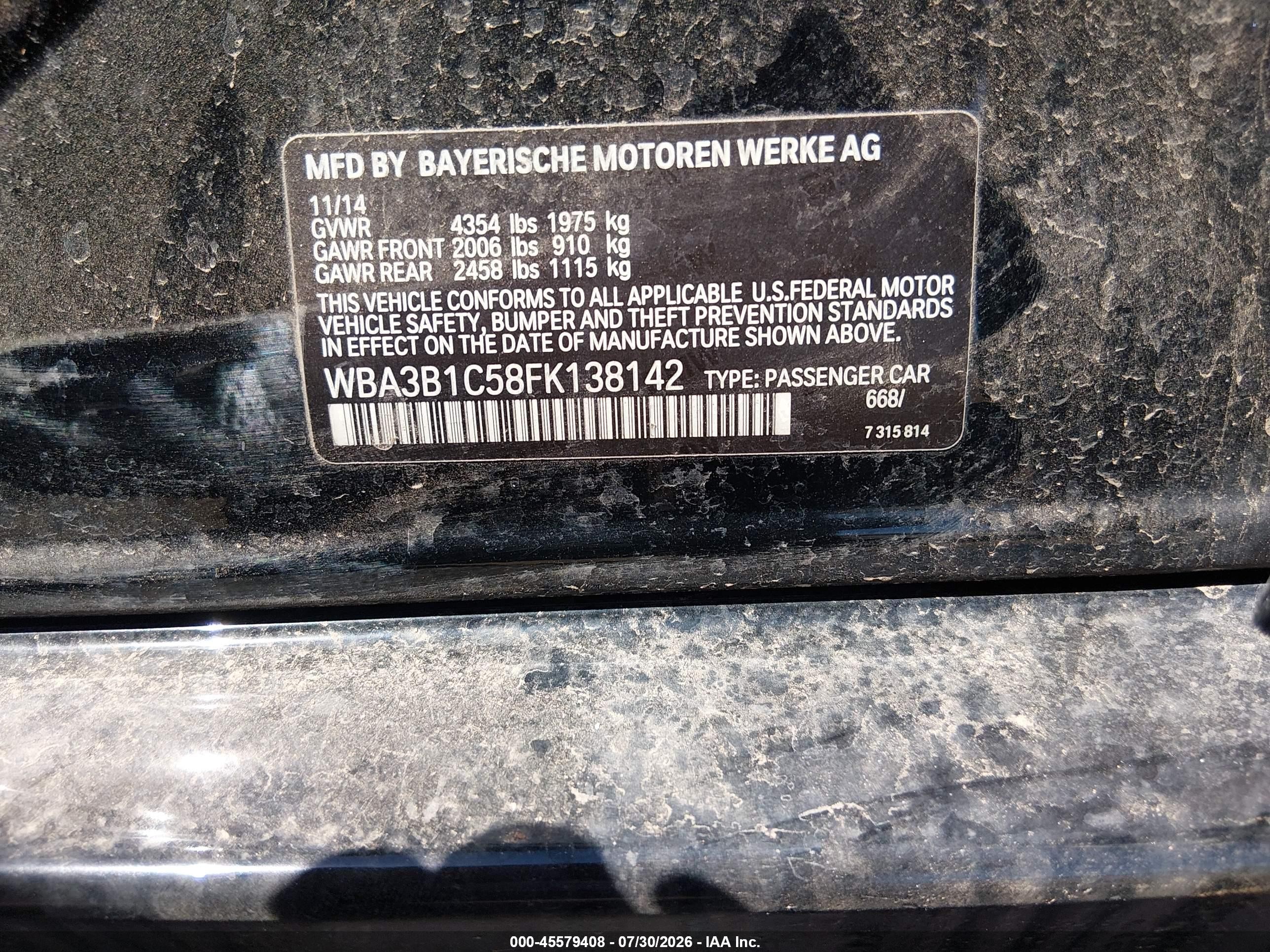 2015 Bmw 320i   Black vin: WBA3B1C58FK138142