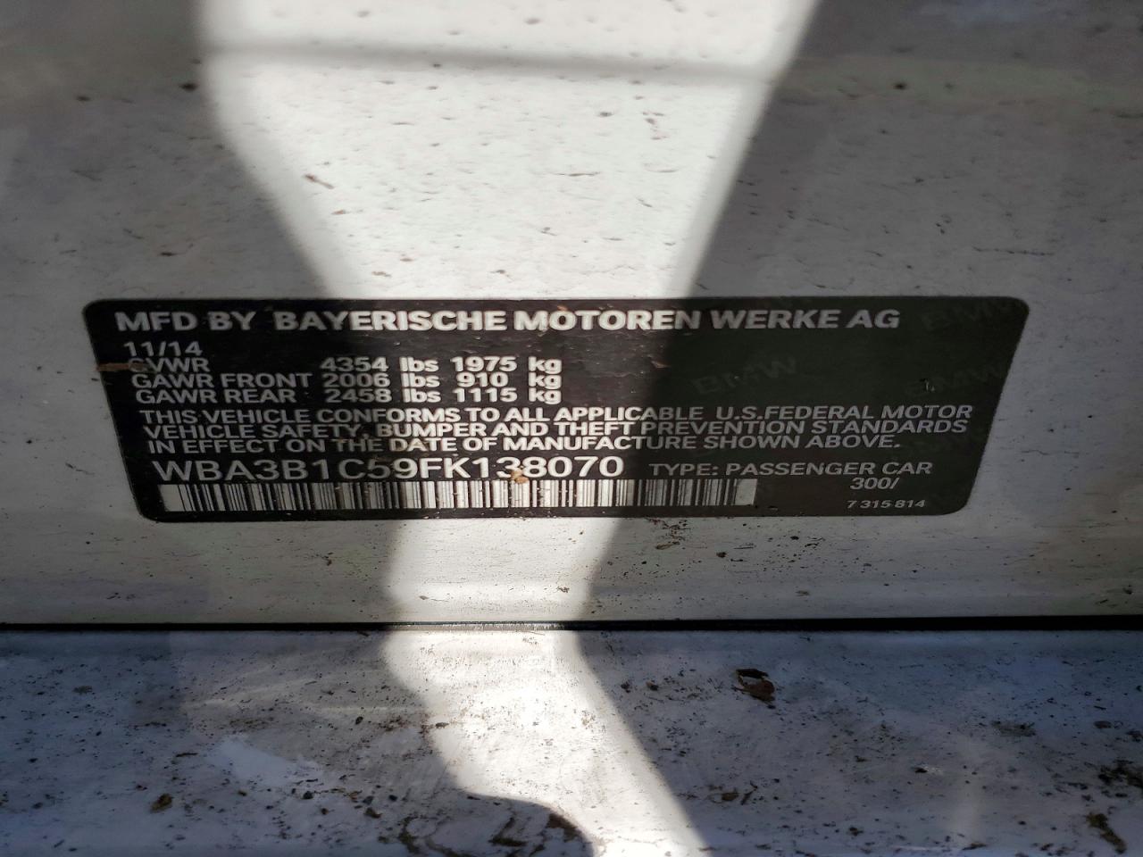 2015 Bmw 320 I White vin: WBA3B1C59FK138070