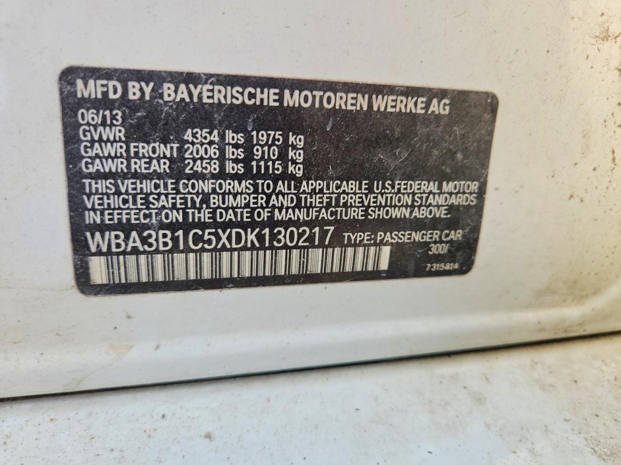 2013 Bmw 320 White vin: WBA3B1C5XDK130217