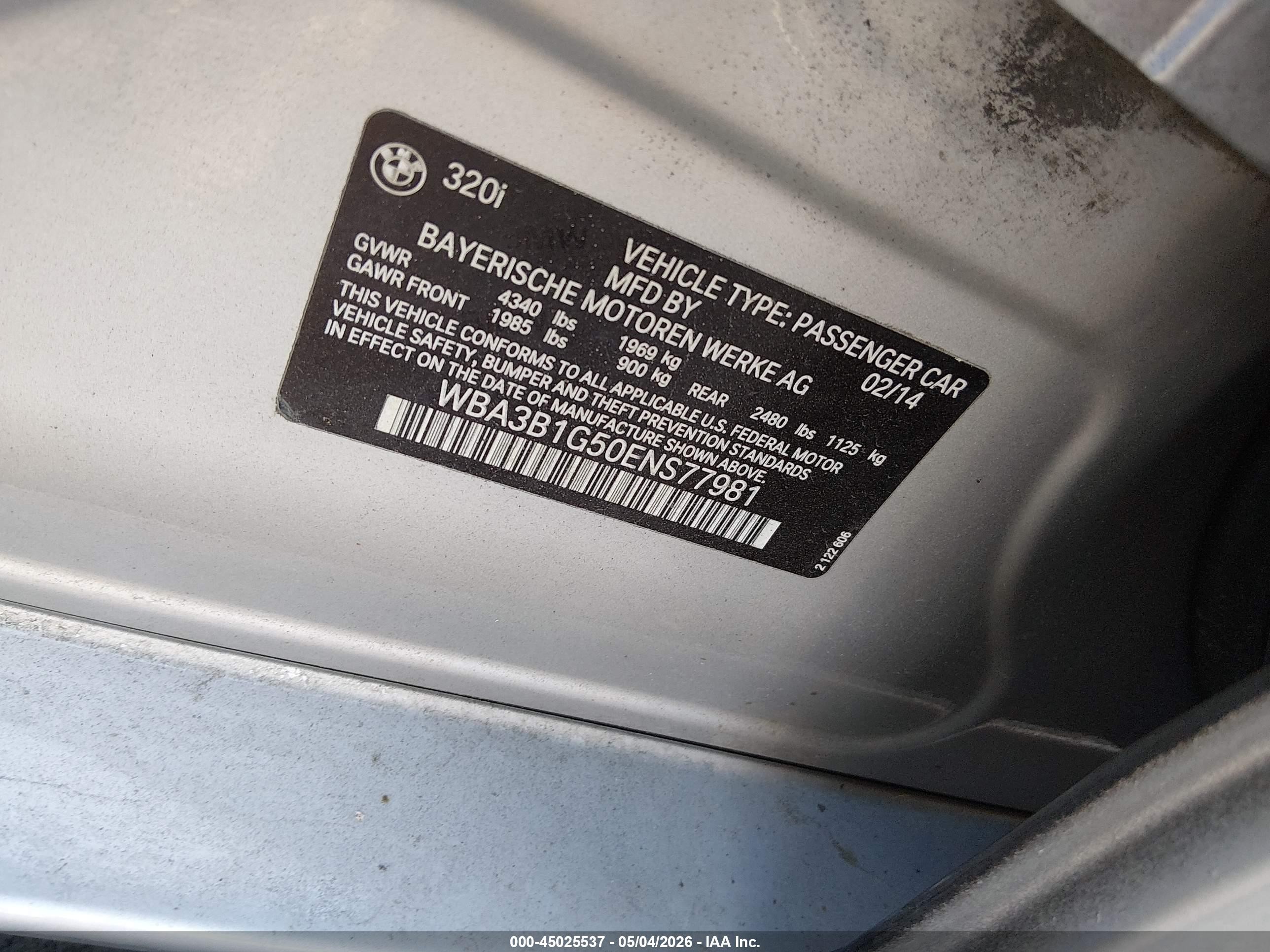2014 Bmw 320i   Gray vin: WBA3B1G50ENS77981