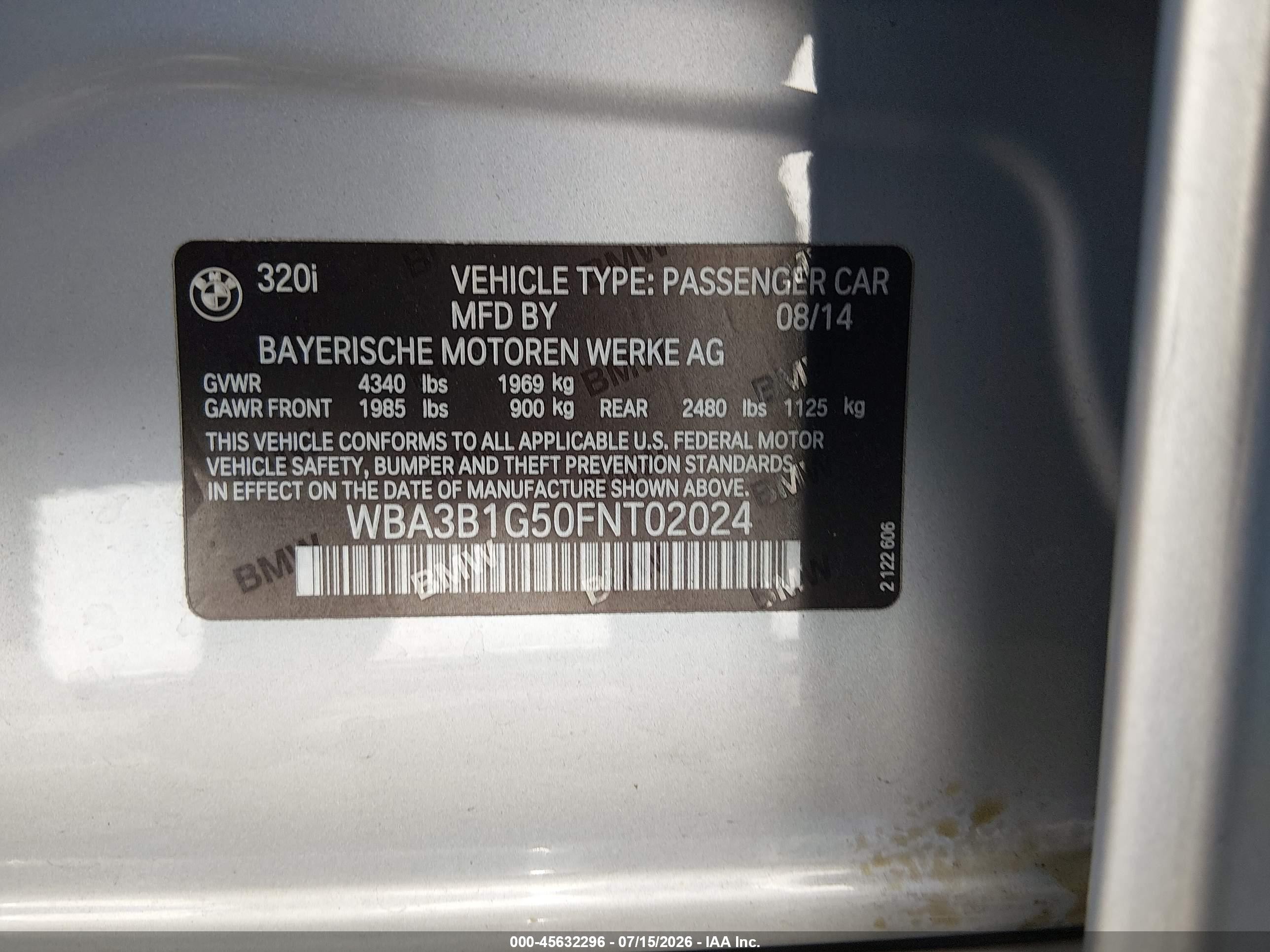 2015 Bmw 320i   Gray vin: WBA3B1G50FNT02024