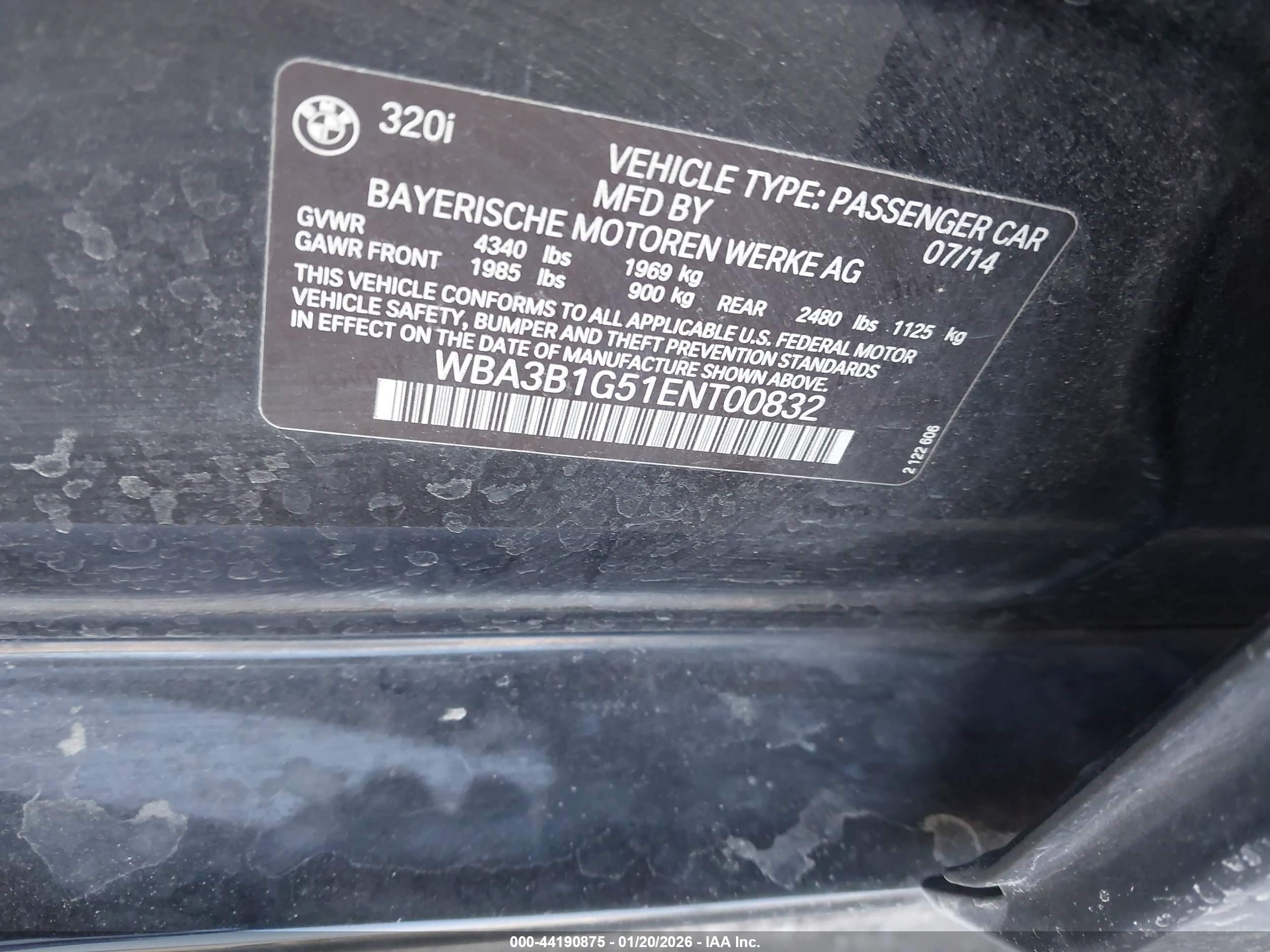 2014 Bmw 320i   Black vin: WBA3B1G51ENT00832