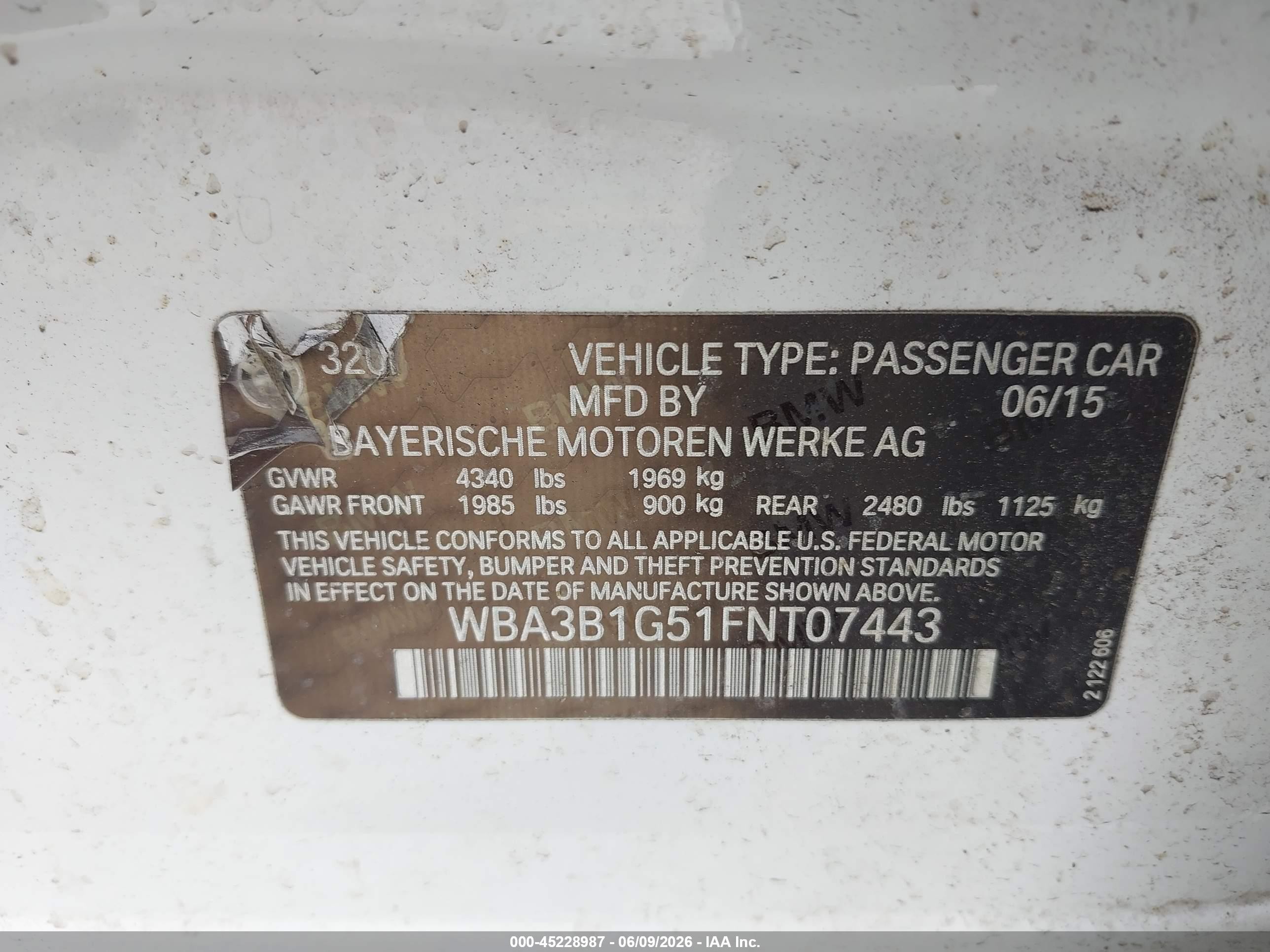 2015 Bmw 320i White vin: WBA3B1G51FNT07443