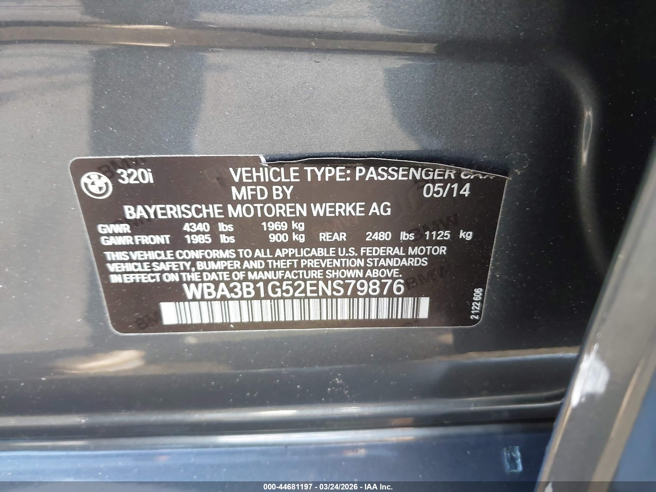 2014 Bmw 320i   Gray vin: WBA3B1G52ENS79876