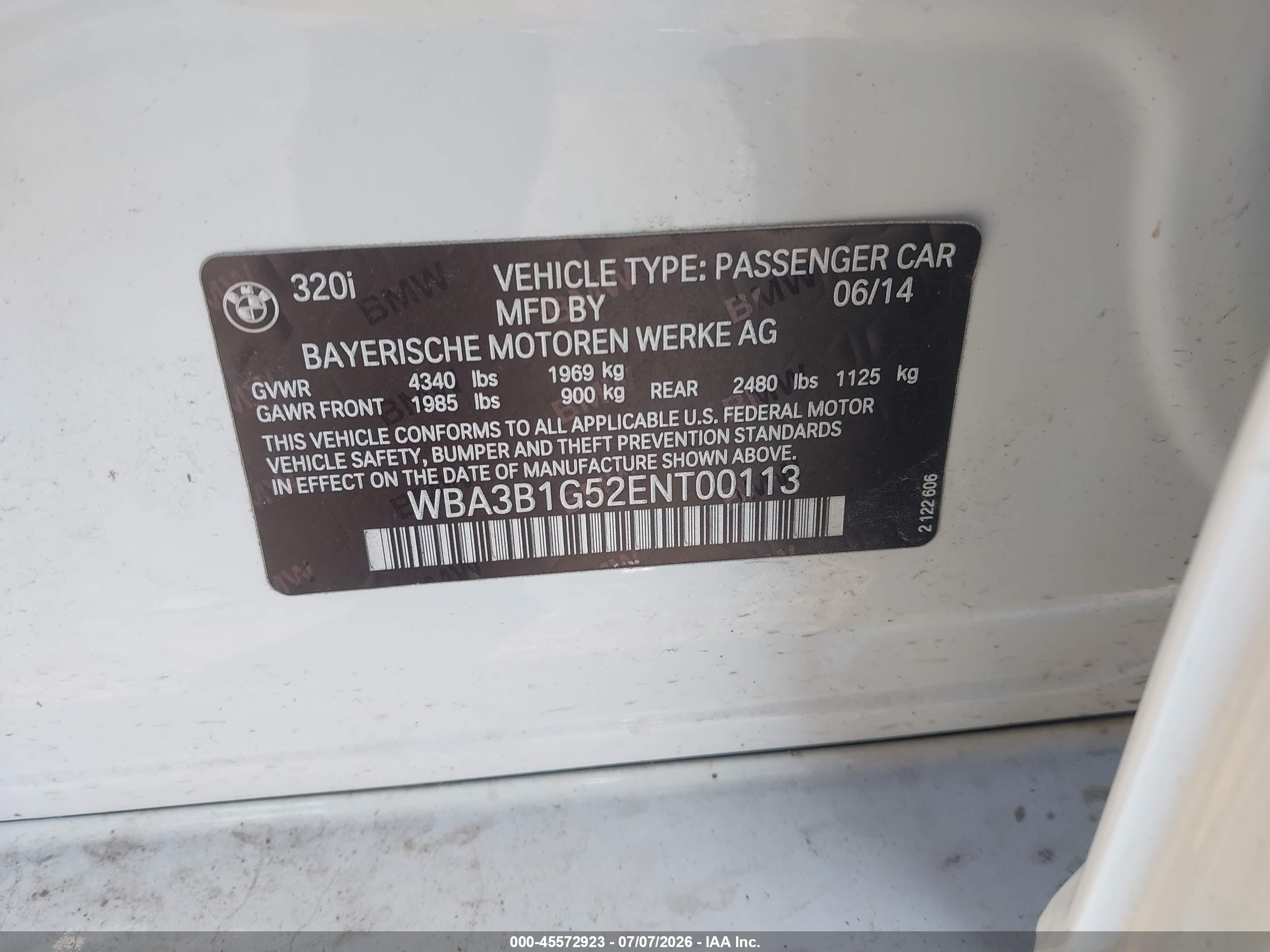 2014 Bmw 320i   White vin: WBA3B1G52ENT00113