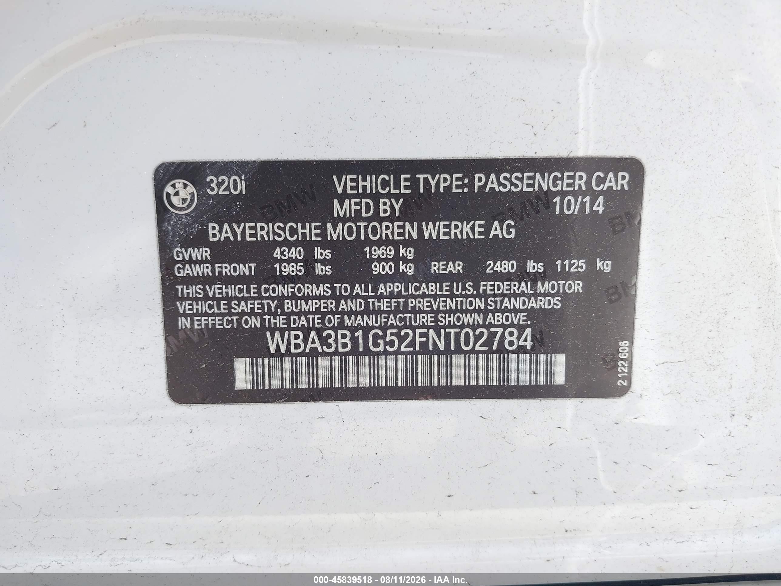 2015 Bmw 320i White vin: WBA3B1G52FNT02784