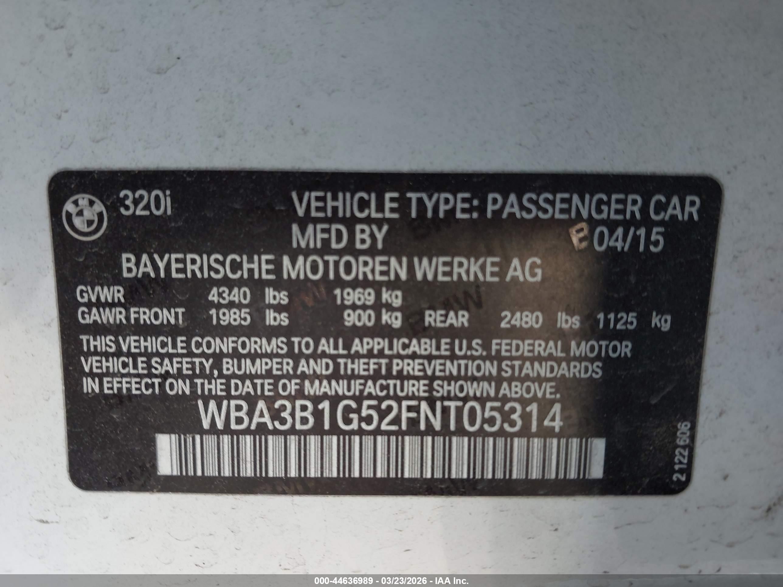 2015 Bmw 320i   White vin: WBA3B1G52FNT05314