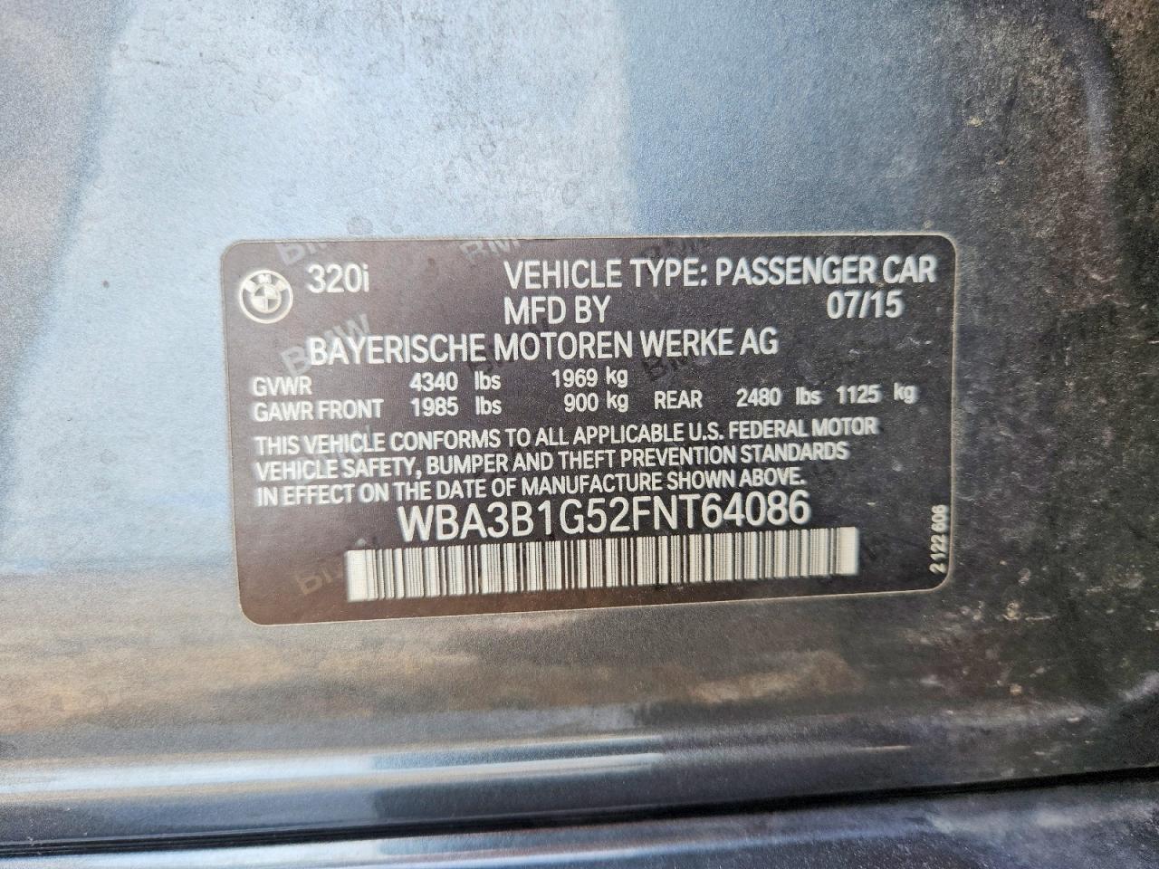 2015 Bmw 320 I Gray vin: WBA3B1G52FNT64086