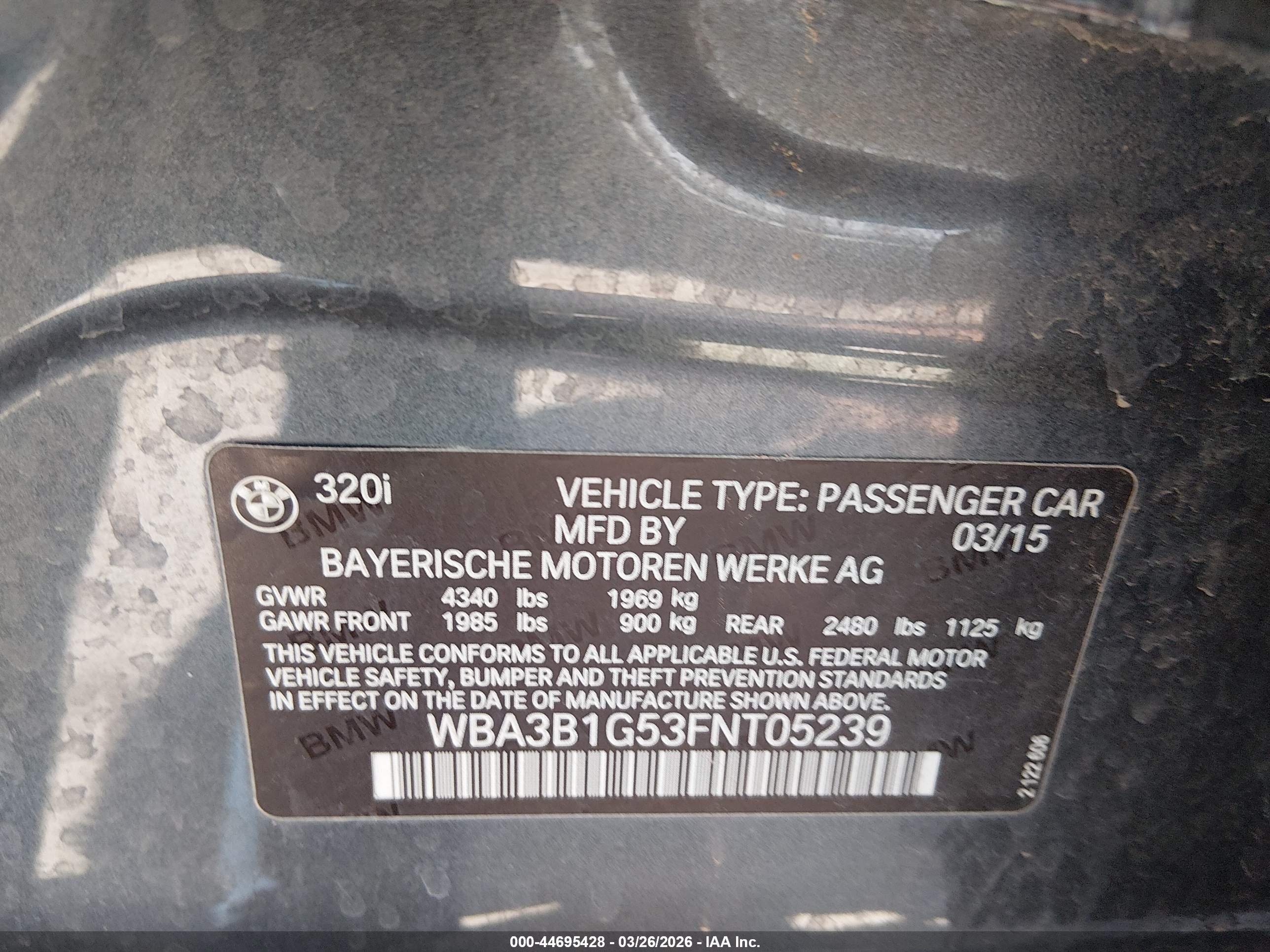 2015 Bmw 320i Gray vin: WBA3B1G53FNT05239