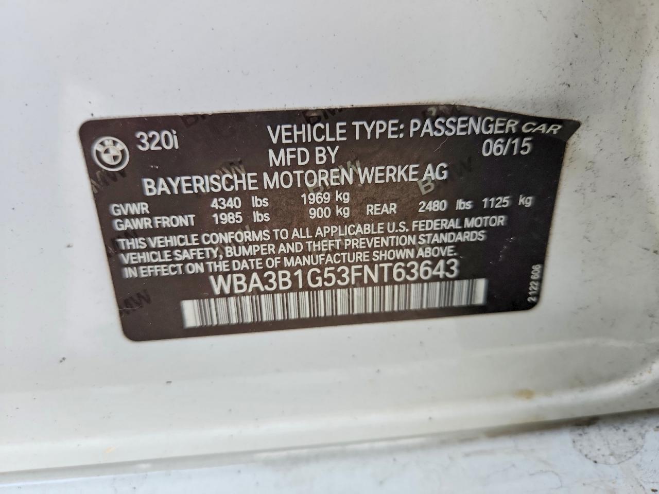 2015 Bmw 320 I White vin: WBA3B1G53FNT63643