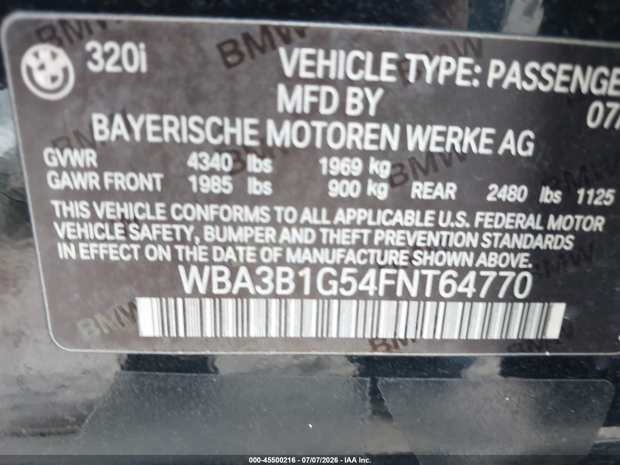 2015 Bmw 320i   Black vin: WBA3B1G54FNT64770