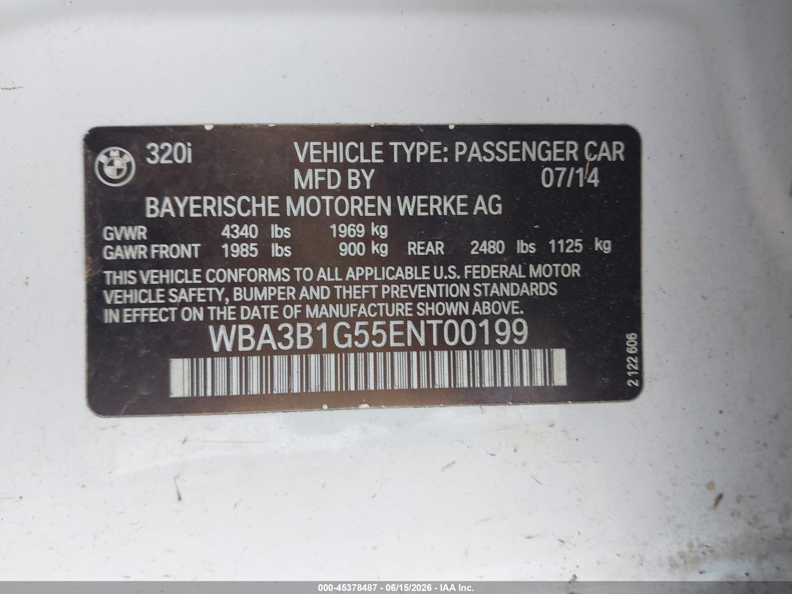 2014 Bmw 320i   White vin: WBA3B1G55ENT00199
