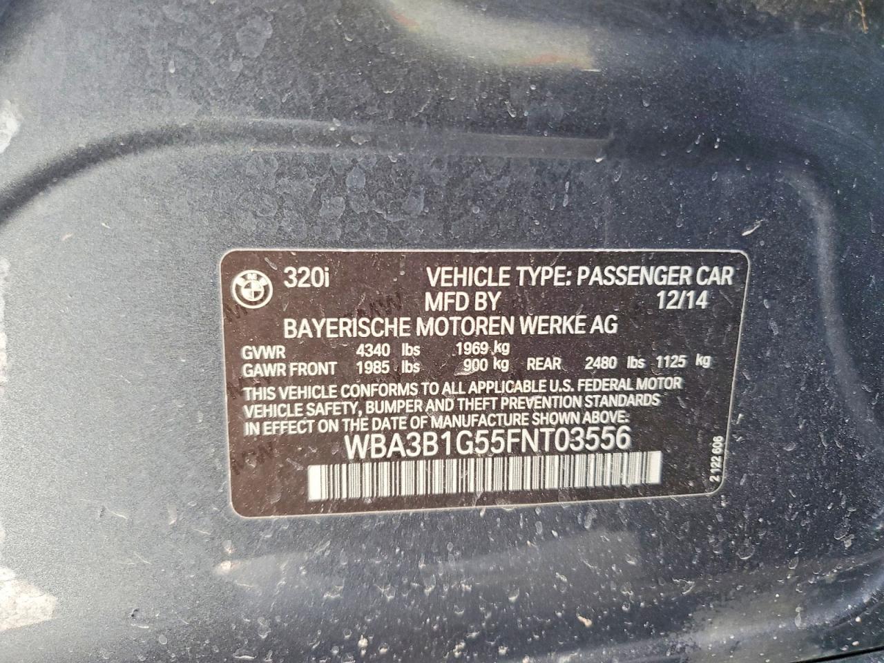 2015 Bmw 320 I Gray vin: WBA3B1G55FNT03556